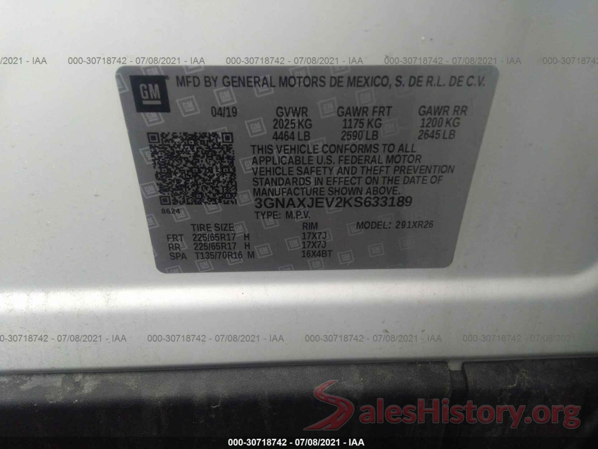 3GNAXJEV2KS633189 2019 CHEVROLET EQUINOX