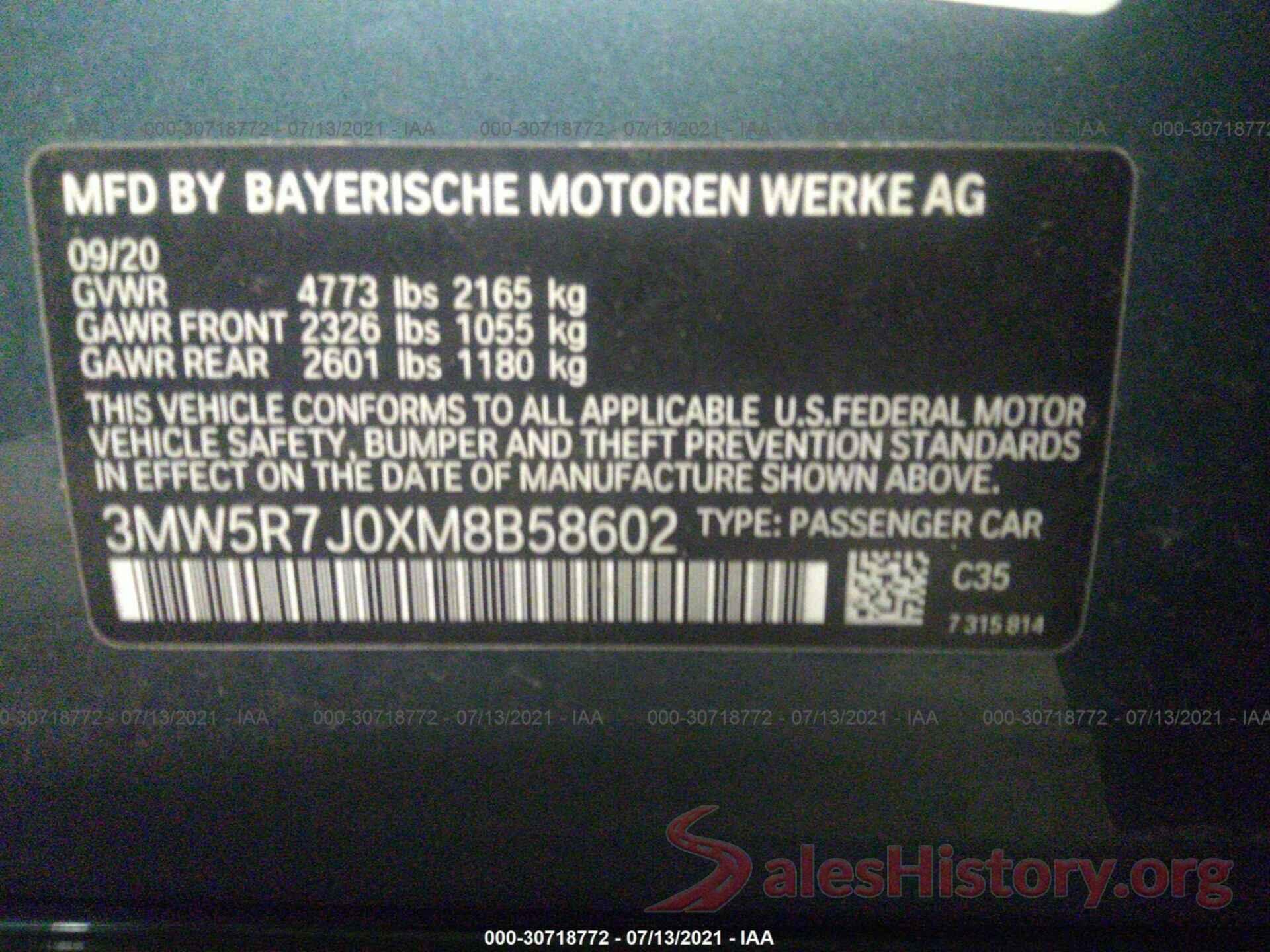 3MW5R7J0XM8B58602 2021 BMW 3 SERIES