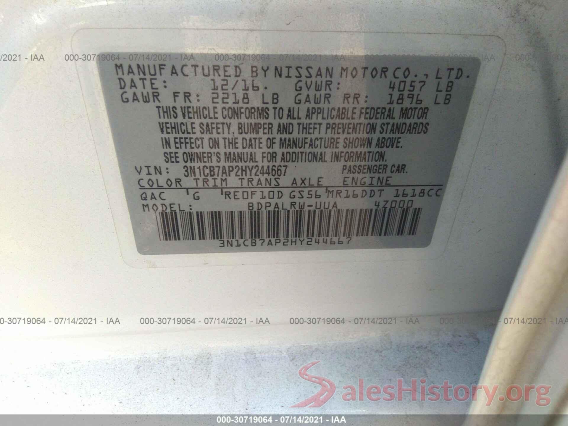 3N1CB7AP2HY244667 2017 NISSAN SENTRA