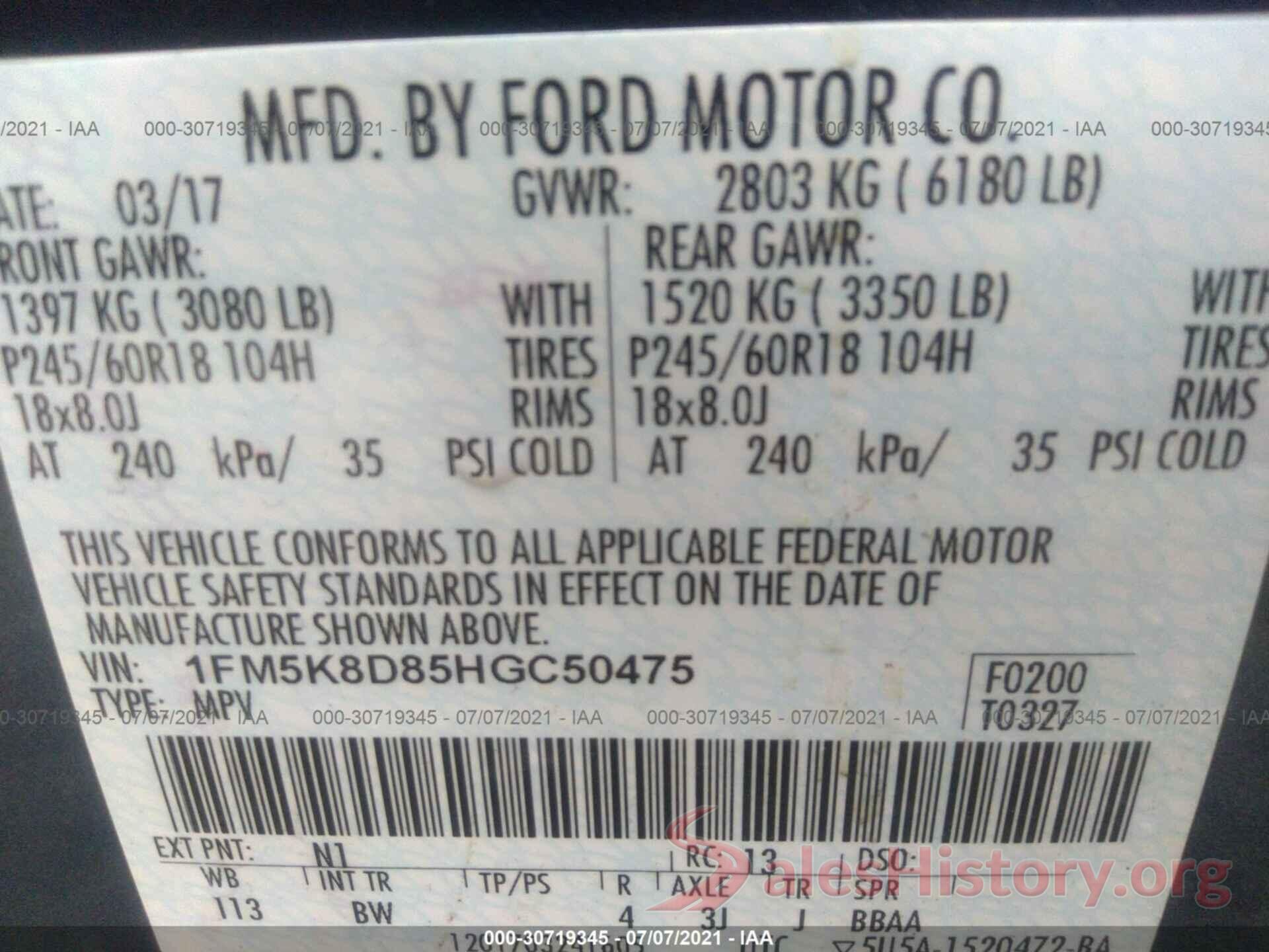 1FM5K8D85HGC50475 2017 FORD EXPLORER