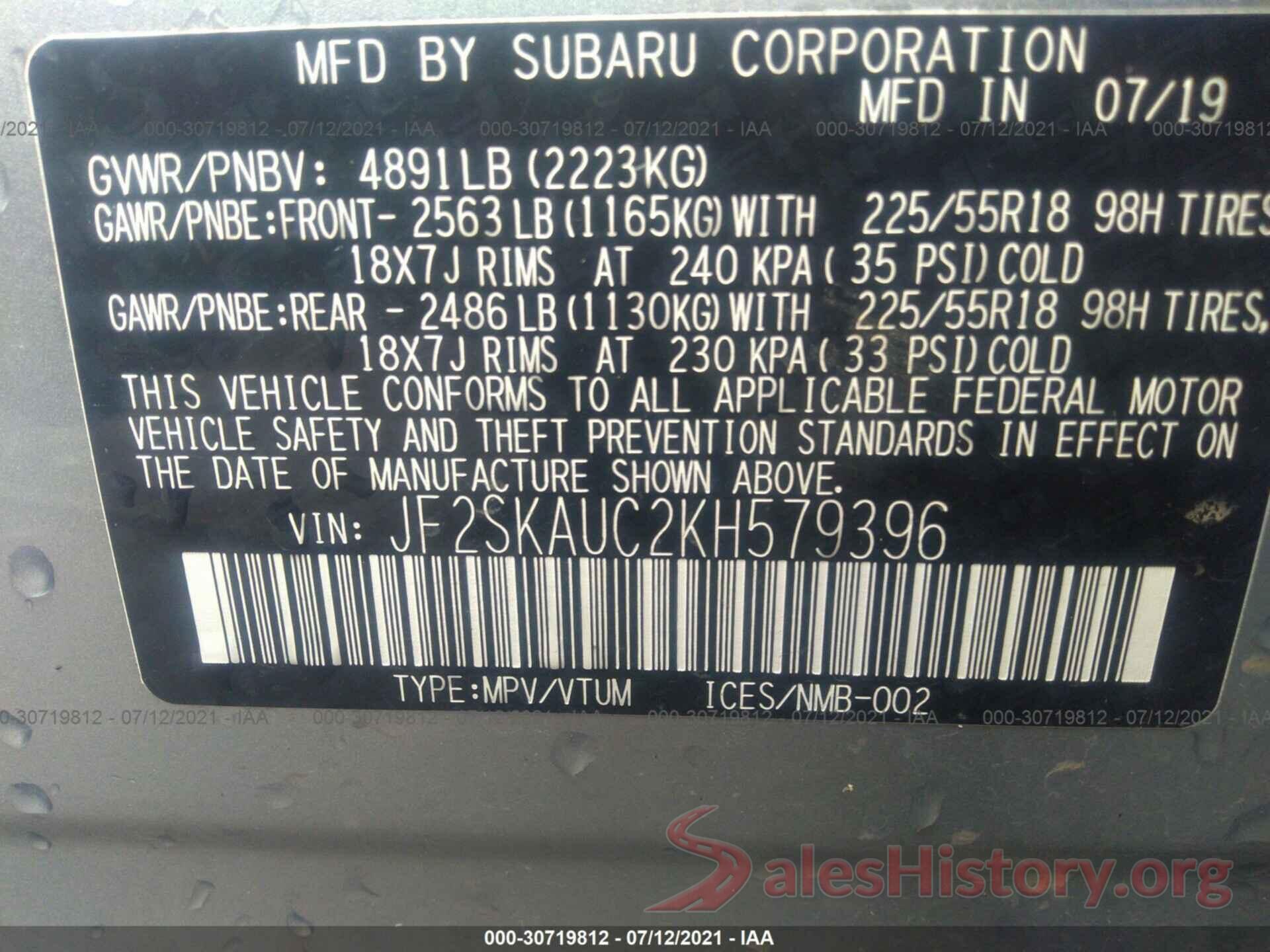 JF2SKAUC2KH579396 2019 SUBARU FORESTER