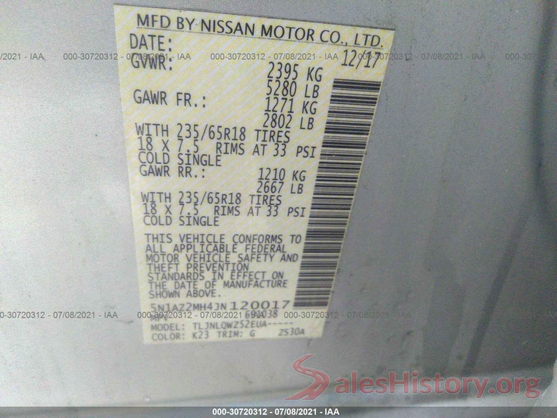 5N1AZ2MH4JN120017 2018 NISSAN MURANO