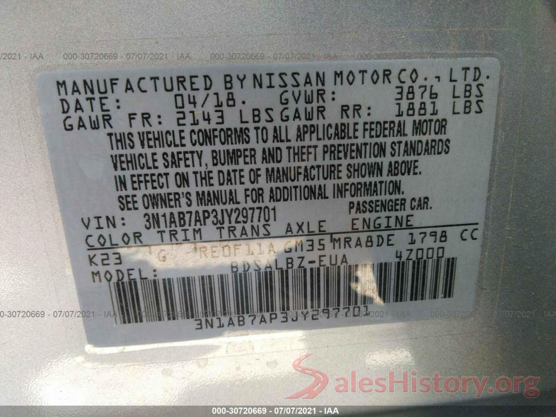 3N1AB7AP3JY297701 2018 NISSAN SENTRA