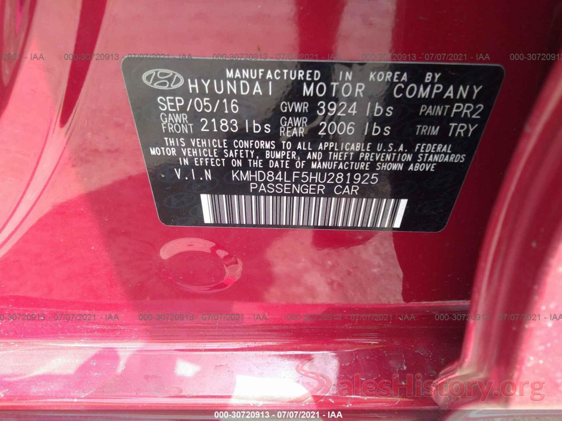 KMHD84LF5HU281925 2017 HYUNDAI ELANTRA