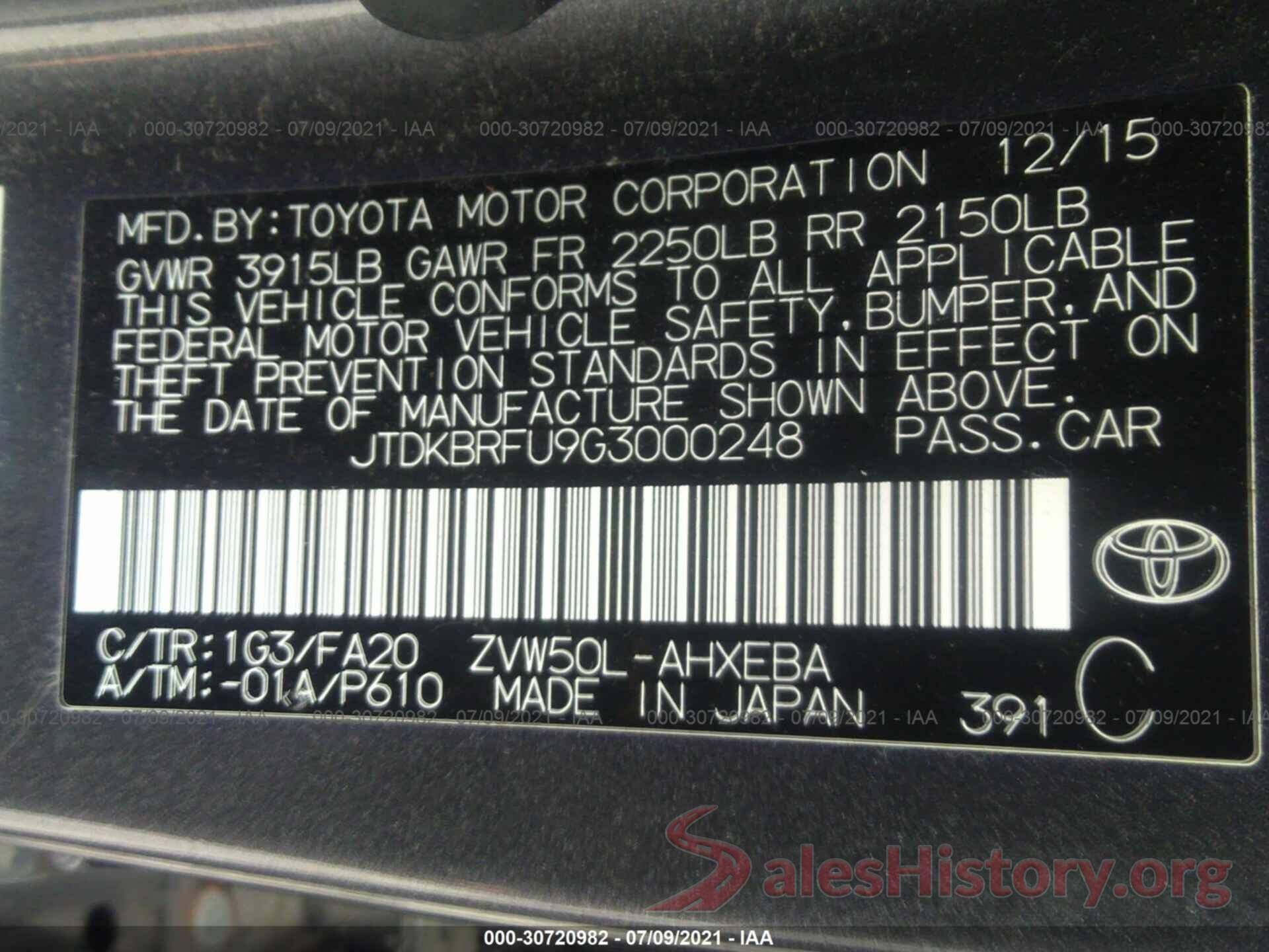 JTDKBRFU9G3000248 2016 TOYOTA PRIUS