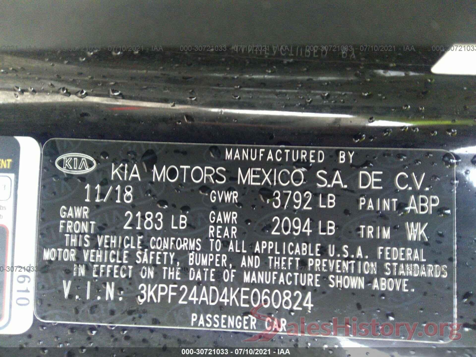 3KPF24AD4KE060824 2019 KIA FORTE