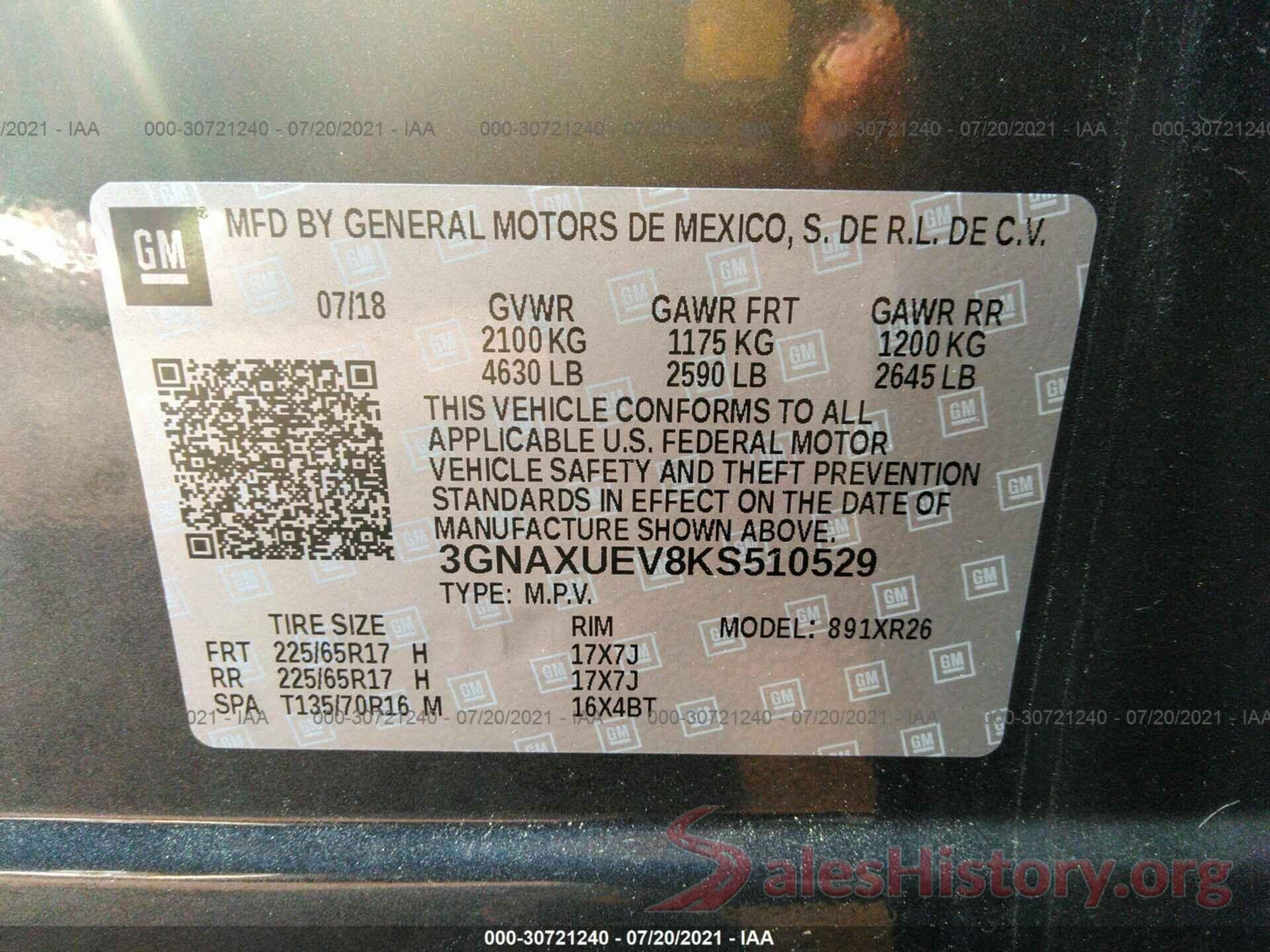 3GNAXUEV8KS510529 2019 CHEVROLET EQUINOX