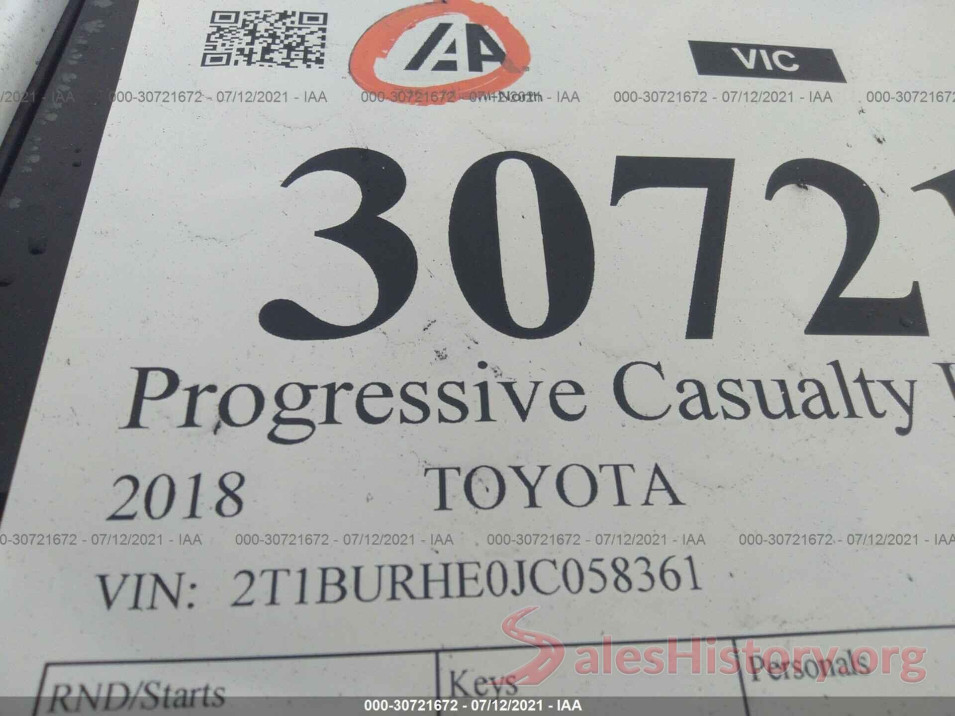 2T1BURHE0JC058361 2018 TOYOTA COROLLA