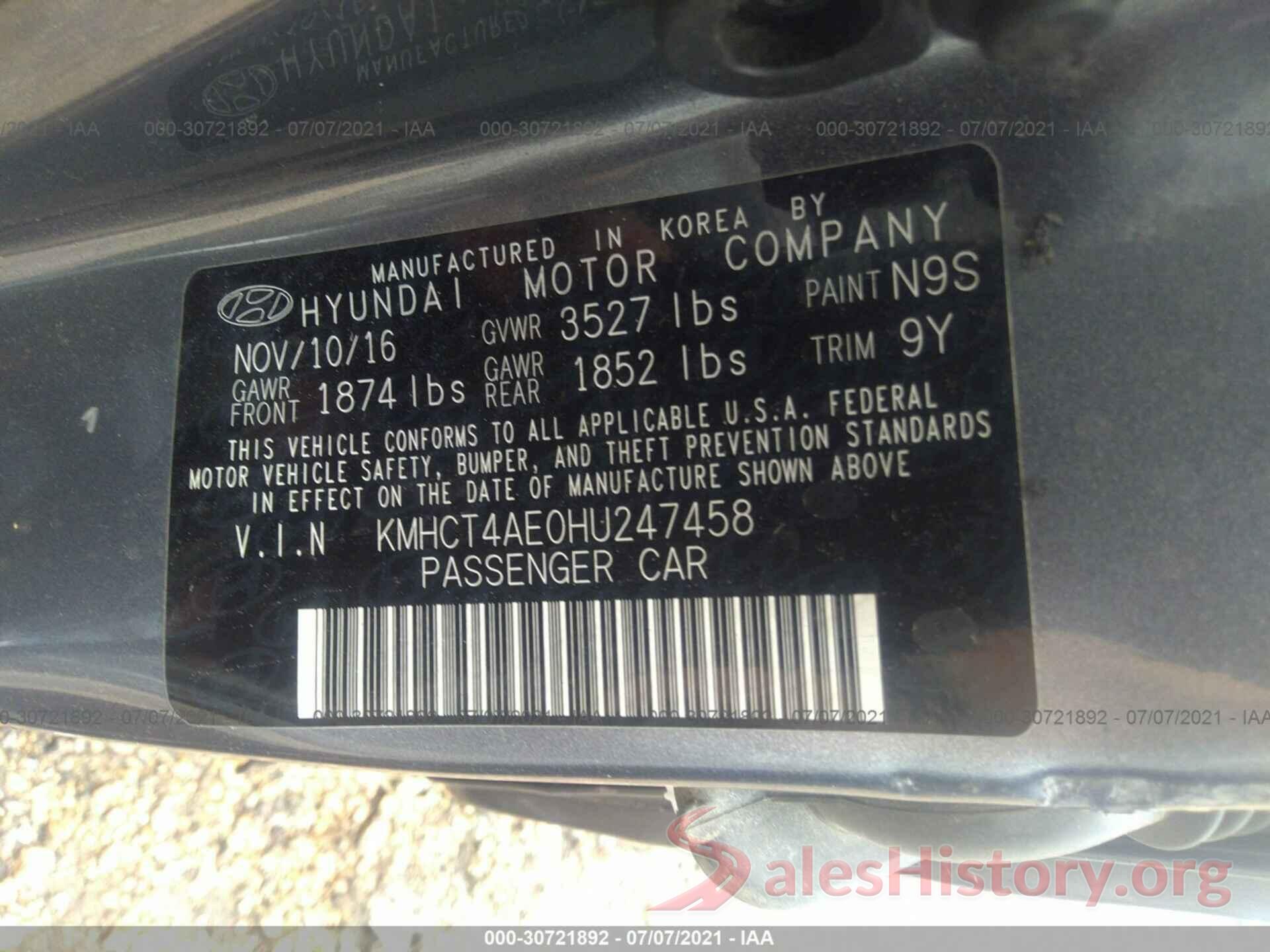 KMHCT4AE0HU247458 2017 HYUNDAI ACCENT