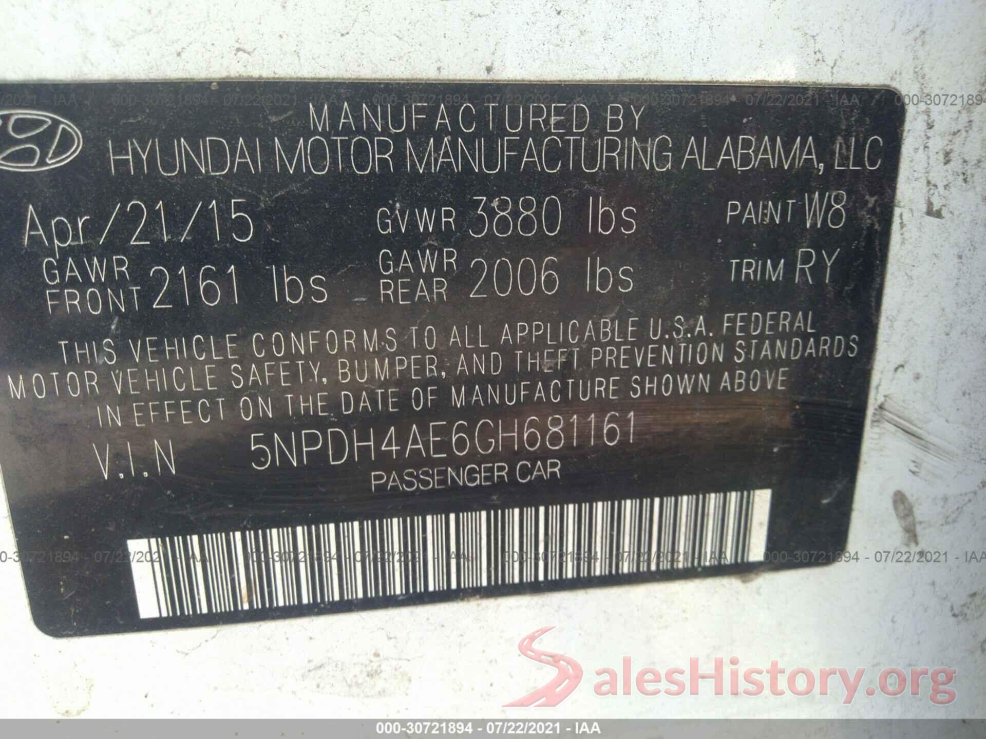 5NPDH4AE6GH681161 2016 HYUNDAI ELANTRA