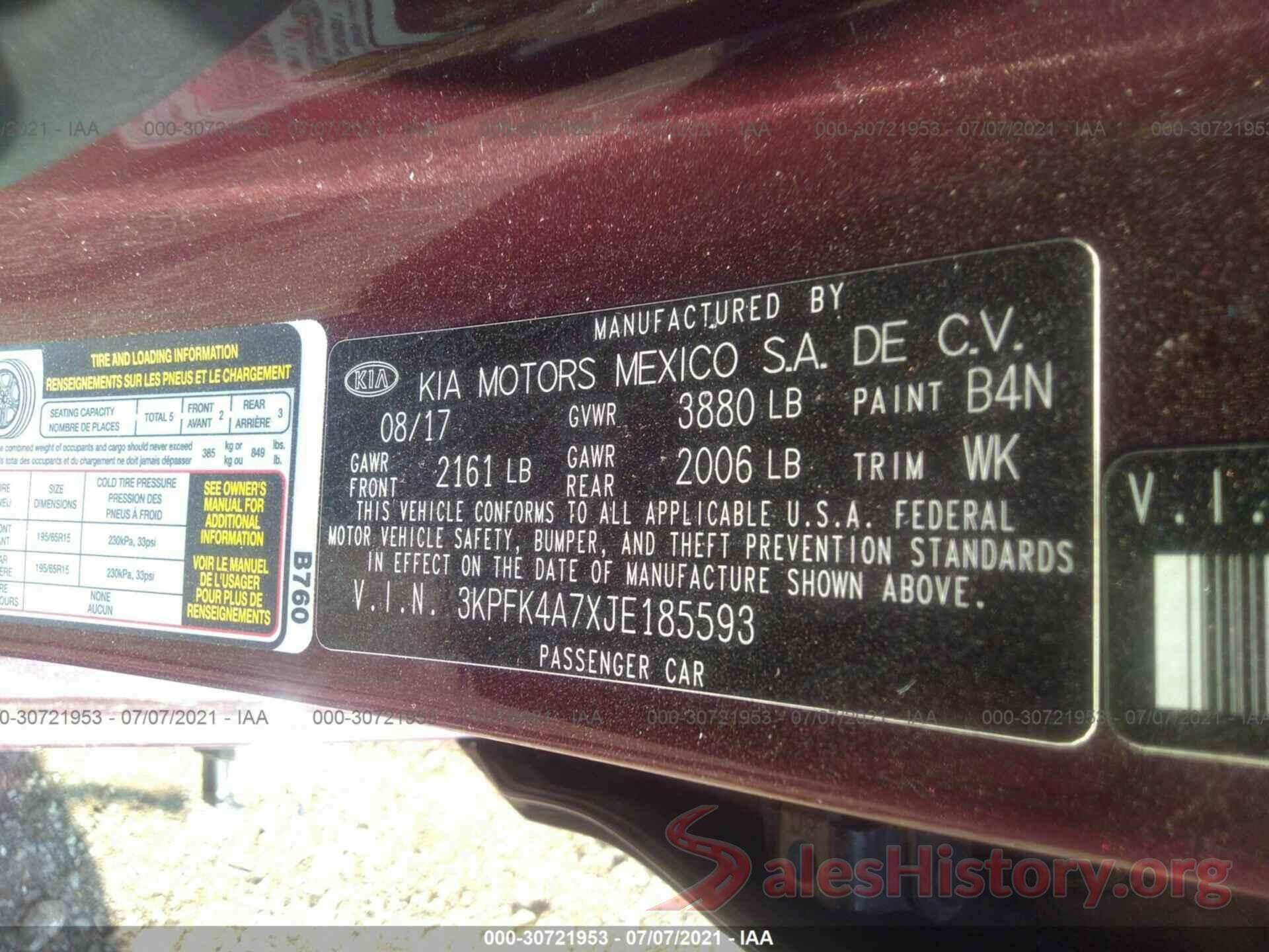 3KPFK4A7XJE185593 2018 KIA FORTE