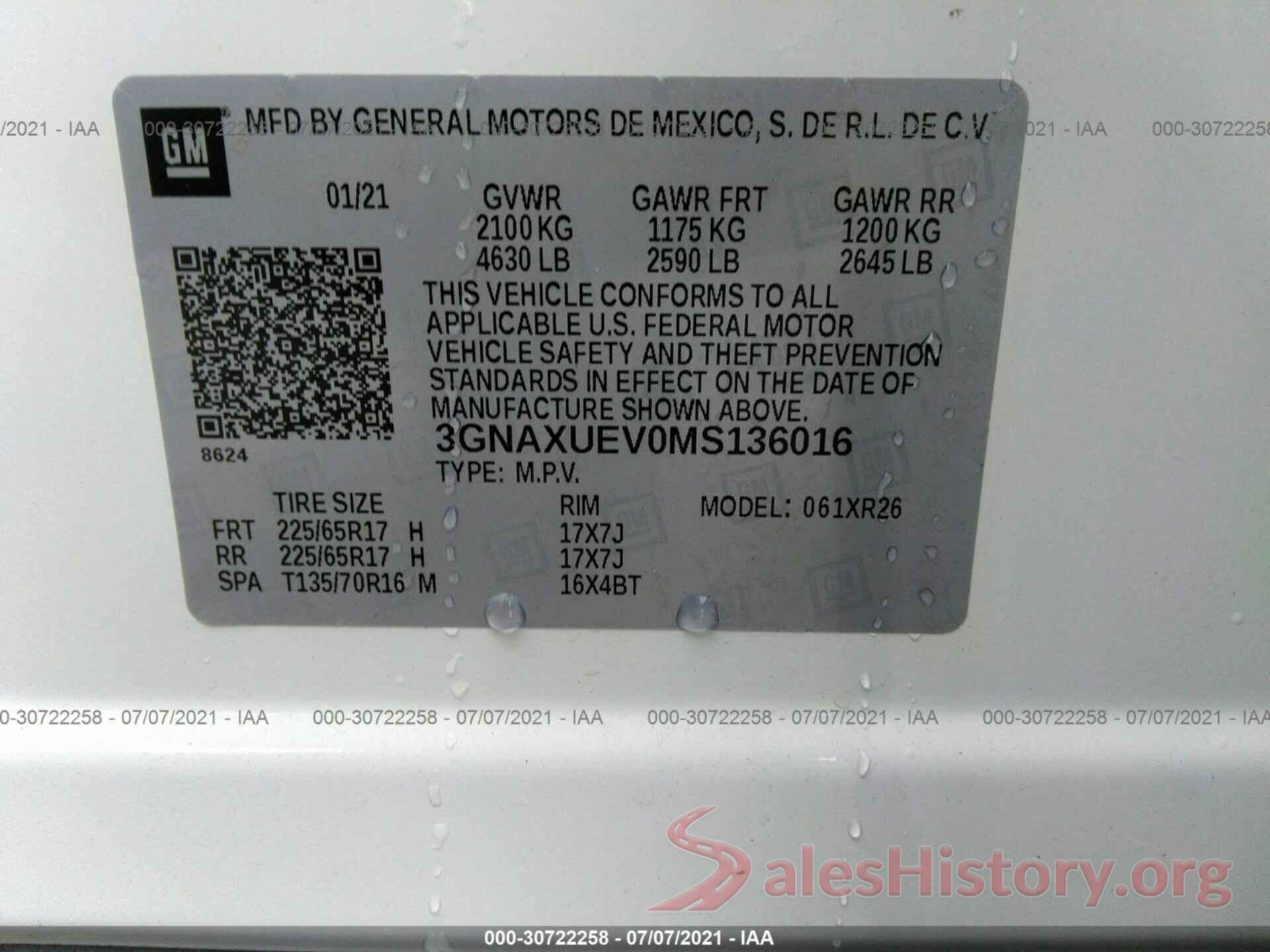 3GNAXUEV0MS136016 2021 CHEVROLET EQUINOX