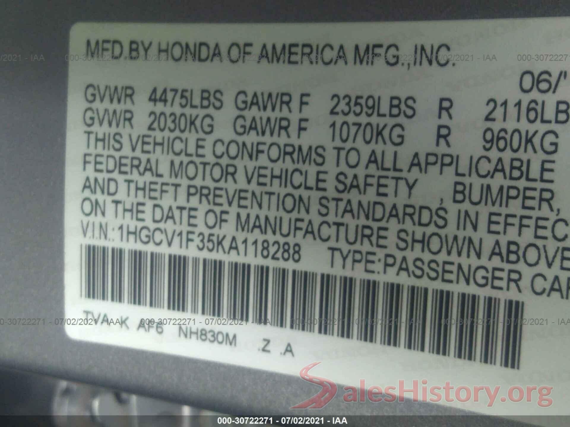 1HGCV1F35KA118288 2019 HONDA ACCORD SEDAN