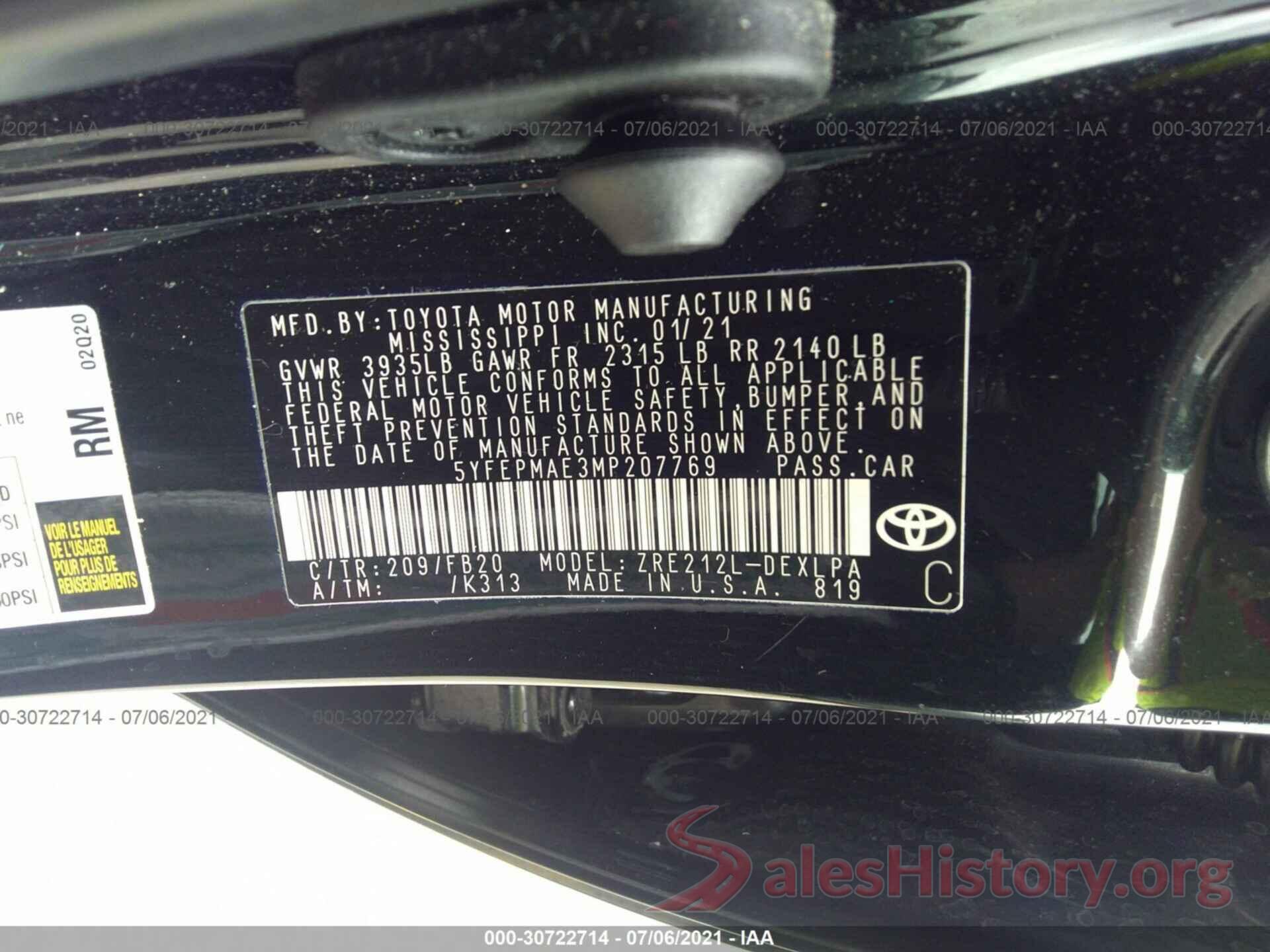 5YFEPMAE3MP207769 2021 TOYOTA COROLLA