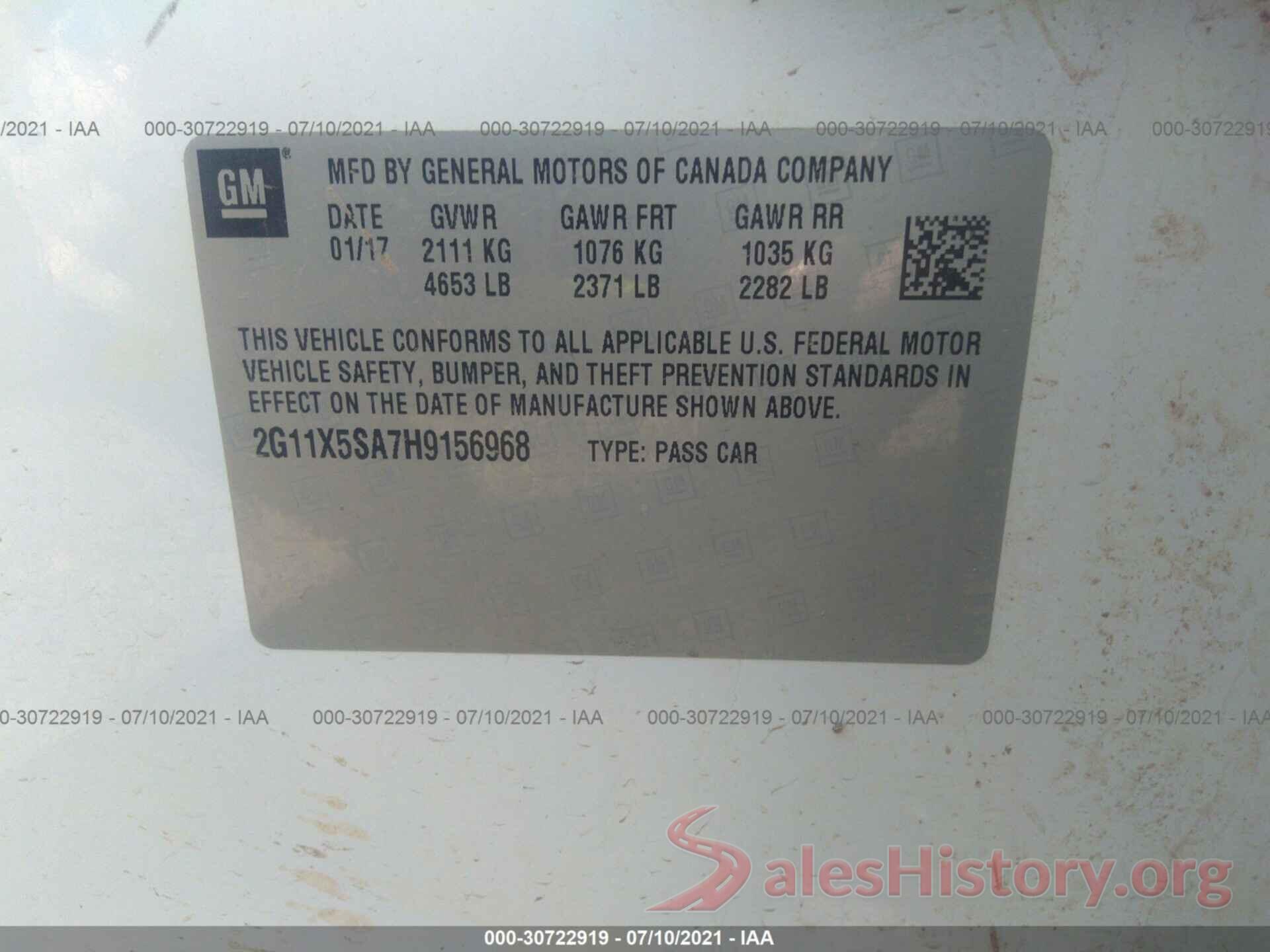 2G11X5SA7H9156968 2017 CHEVROLET IMPALA