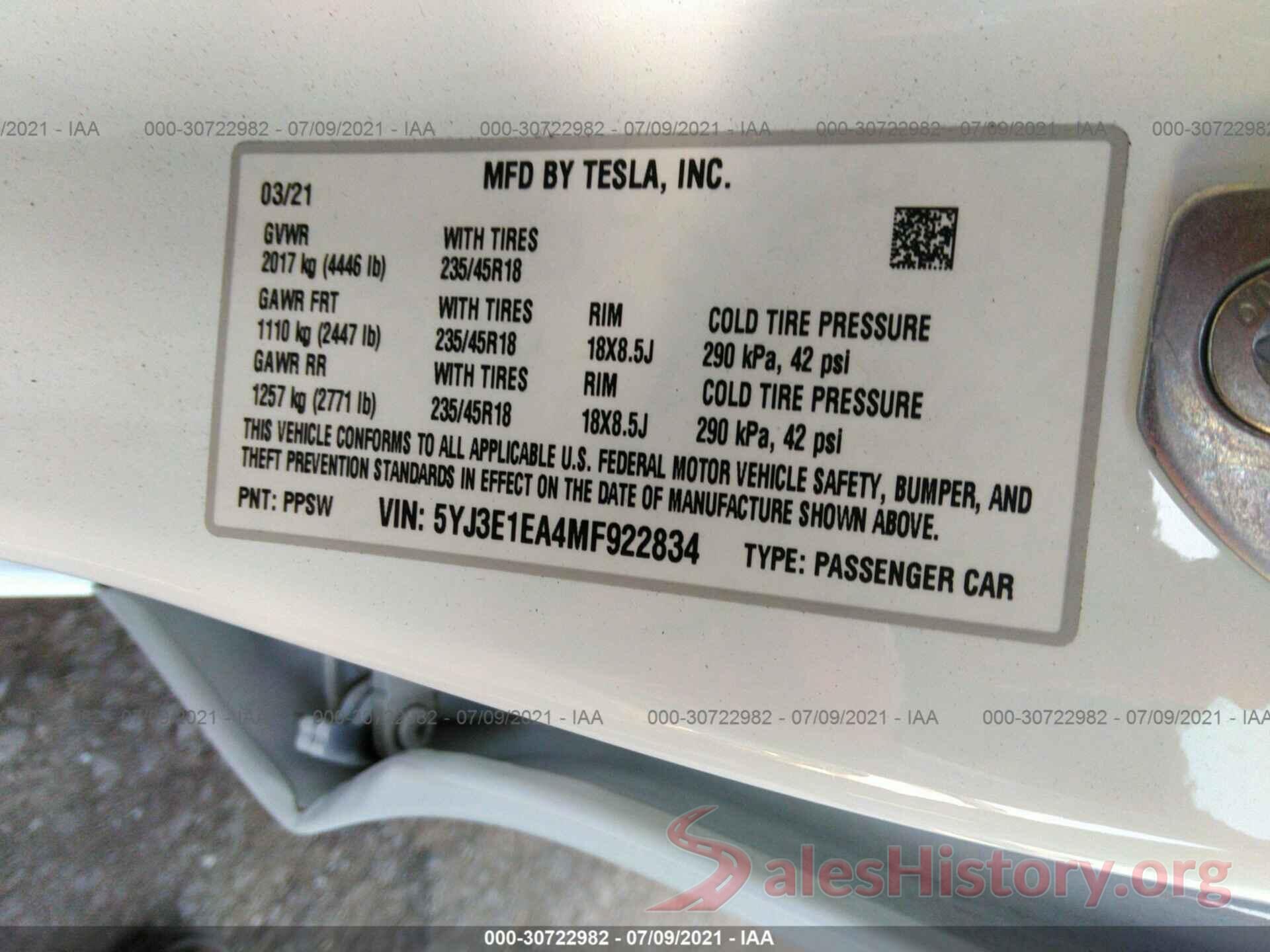 5YJ3E1EA4MF922834 2021 TESLA MODEL 3