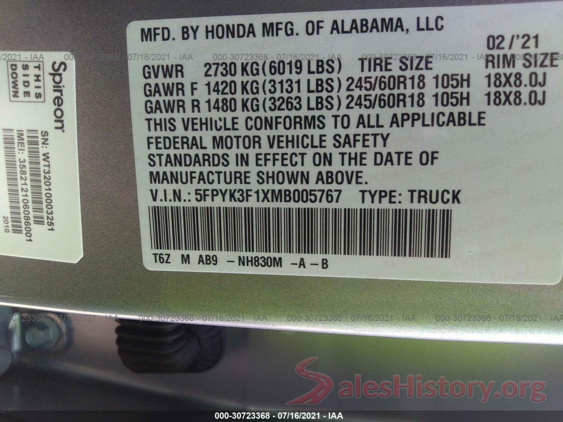 5FPYK3F1XMB005767 2021 HONDA RIDGELINE