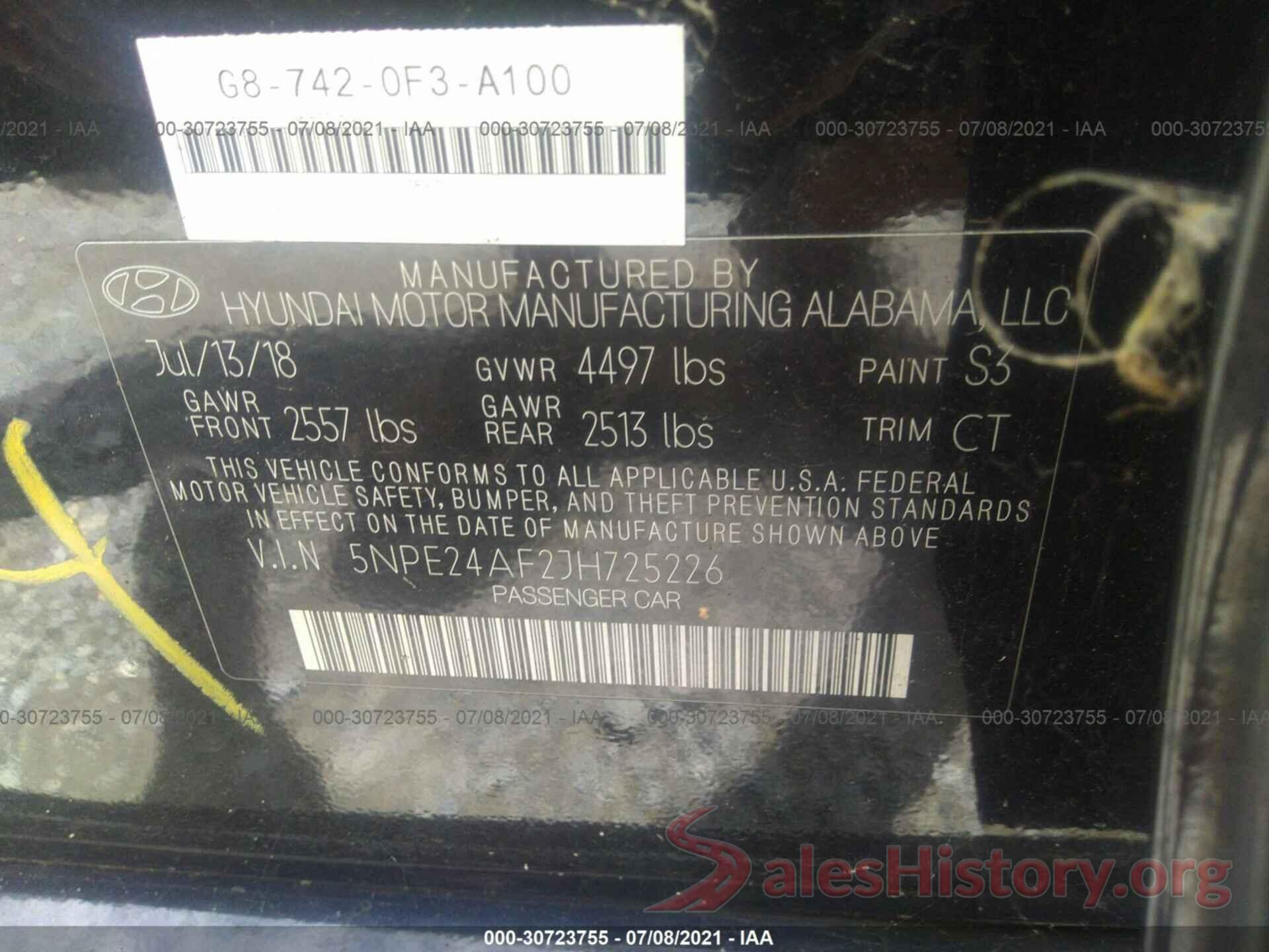 5NPE24AF2JH725226 2018 HYUNDAI SONATA