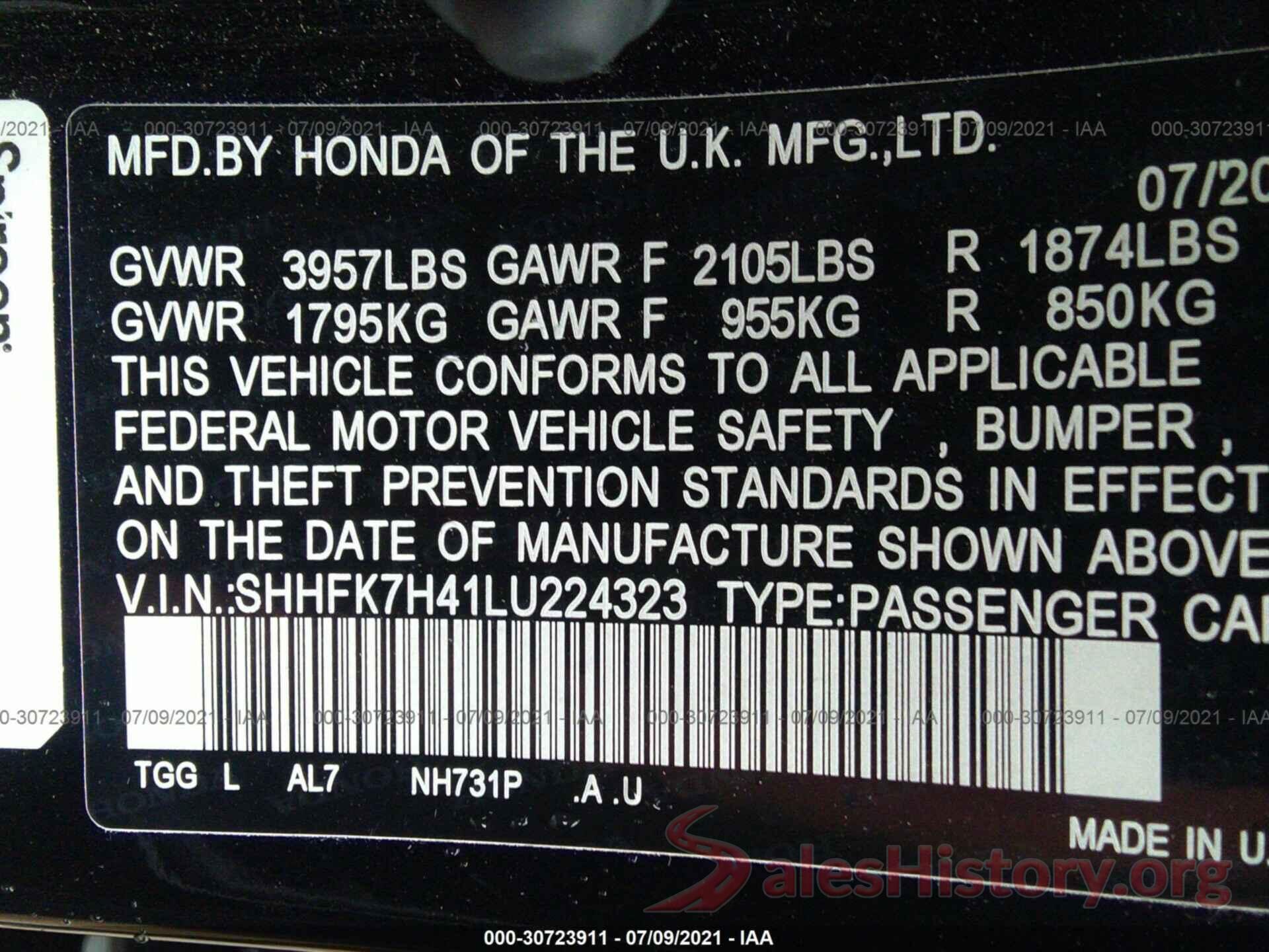 SHHFK7H41LU224323 2020 HONDA CIVIC HATCHBACK