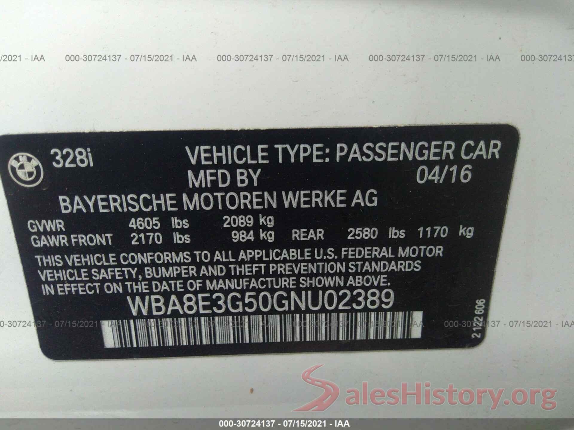 WBA8E3G50GNU02389 2016 BMW 3 SERIES