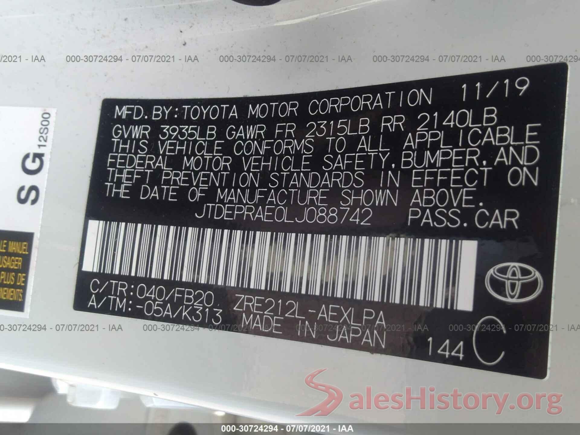 JTDEPRAE0LJ088742 2020 TOYOTA COROLLA