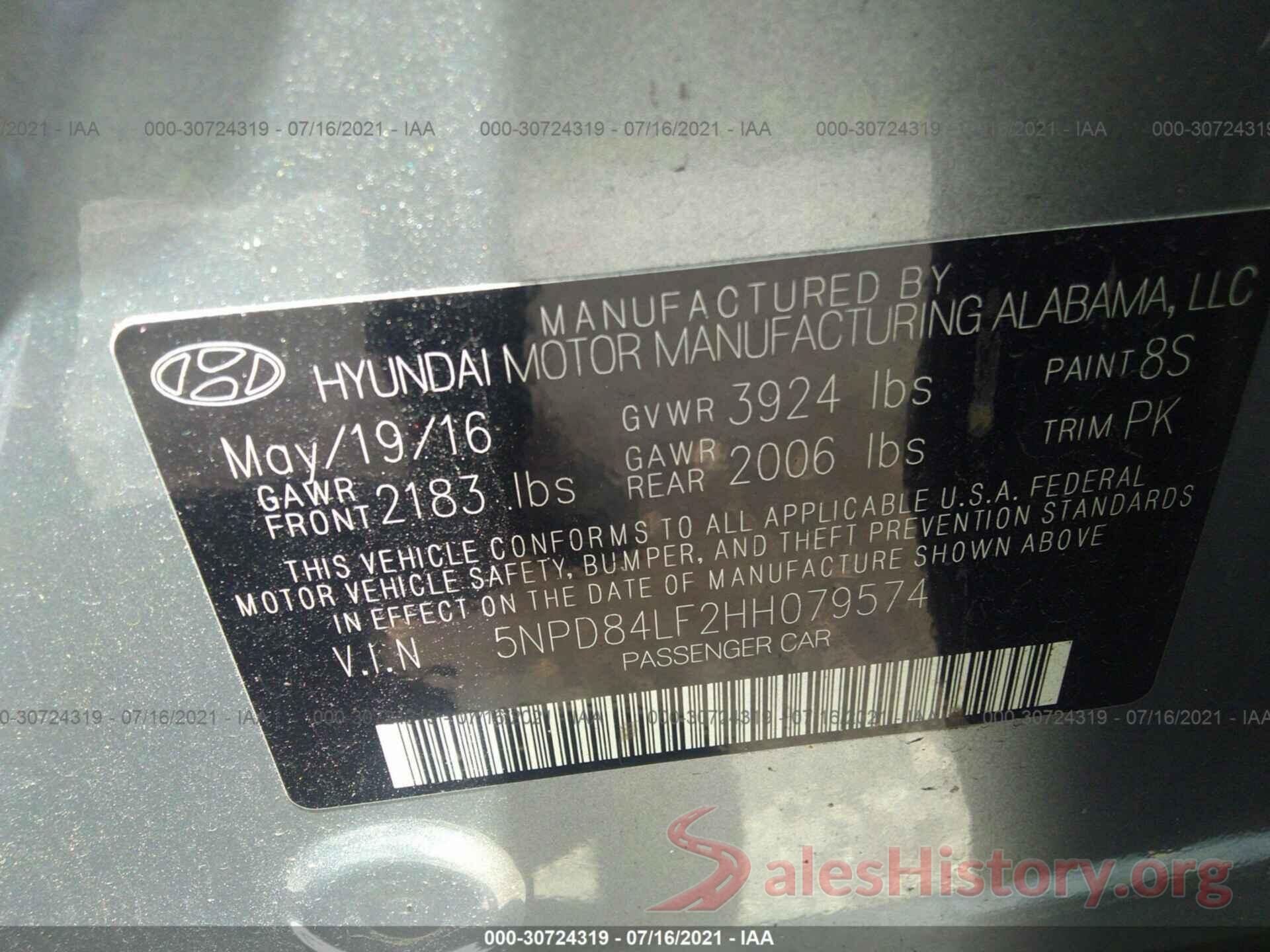 5NPD84LF2HH079574 2017 HYUNDAI ELANTRA