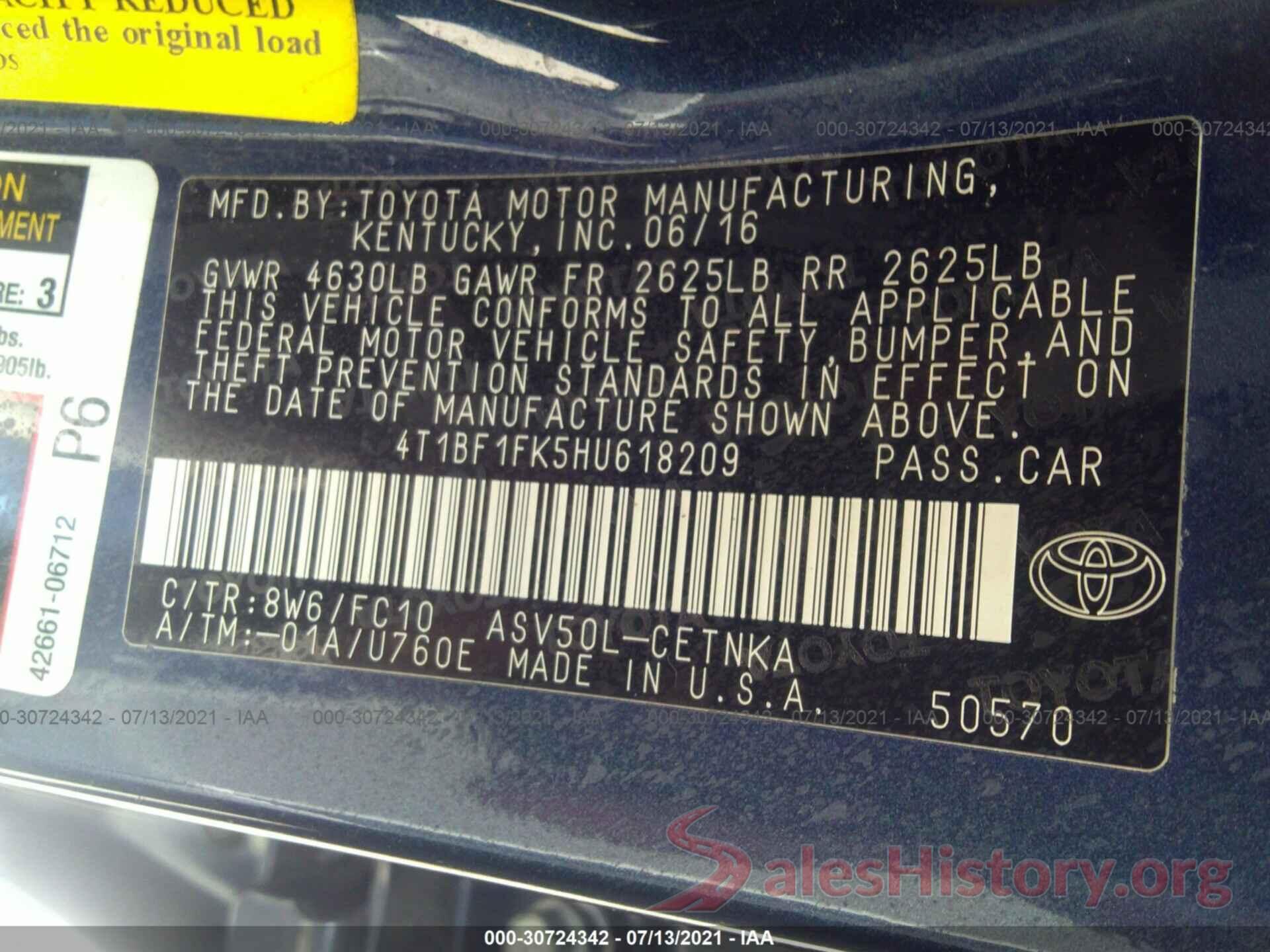 4T1BF1FK5HU618209 2017 TOYOTA CAMRY