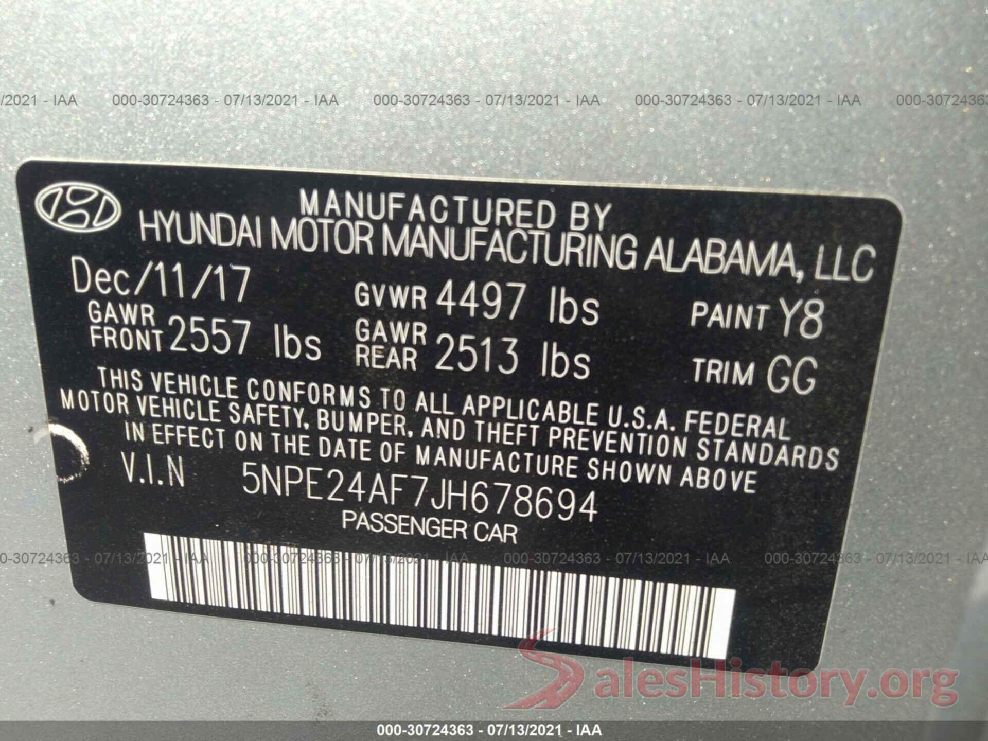 5NPE24AF7JH678694 2018 HYUNDAI SONATA