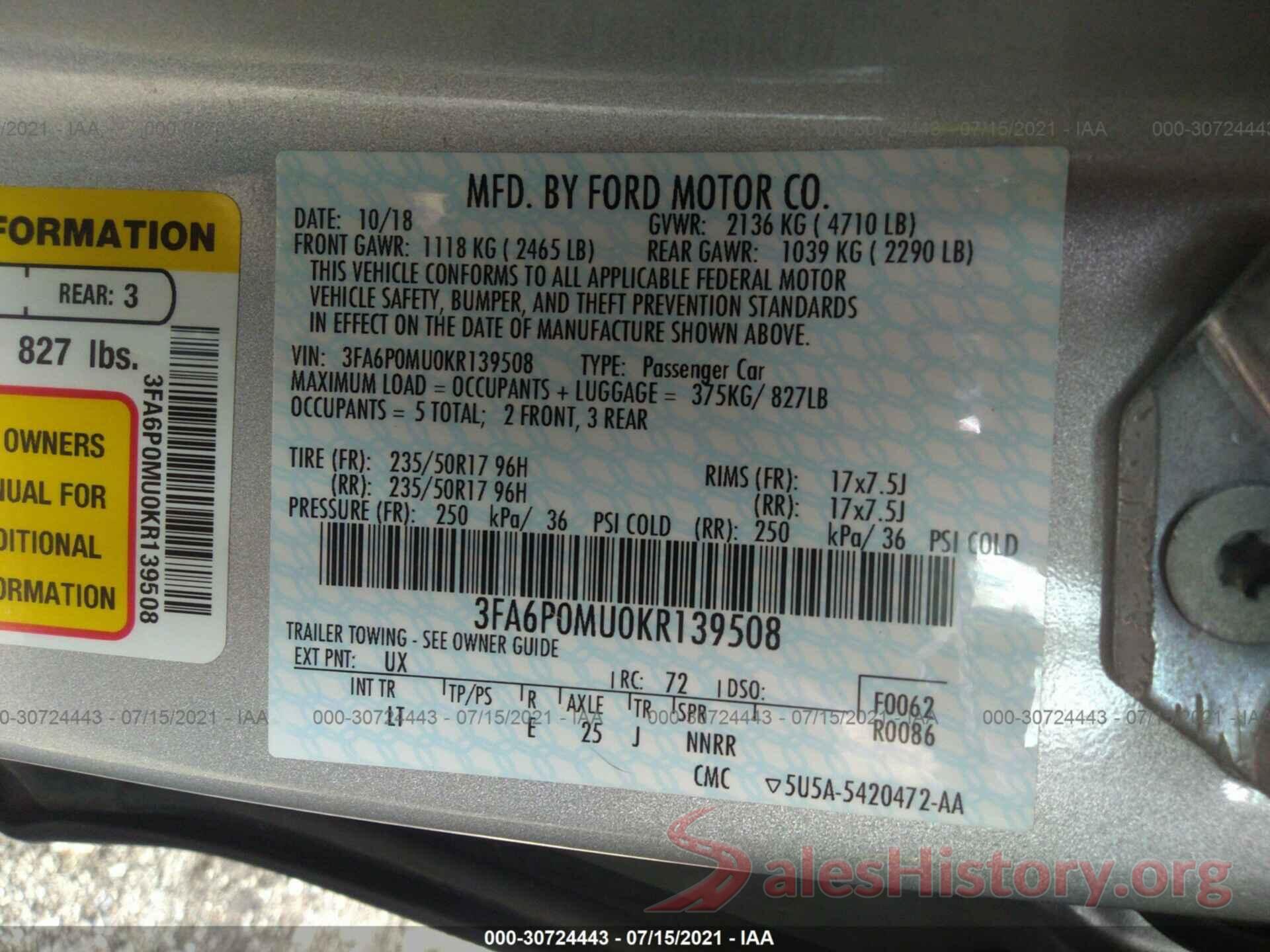 3FA6P0MU0KR139508 2019 FORD FUSION HYBRID