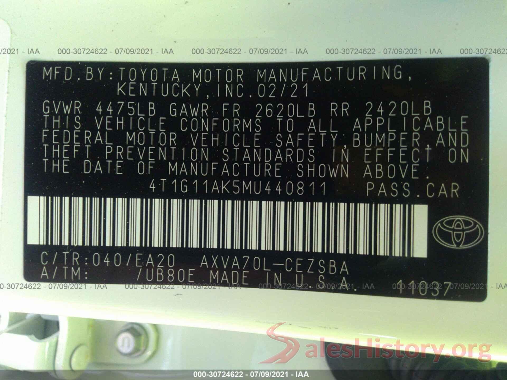 4T1G11AK5MU440811 2021 TOYOTA CAMRY