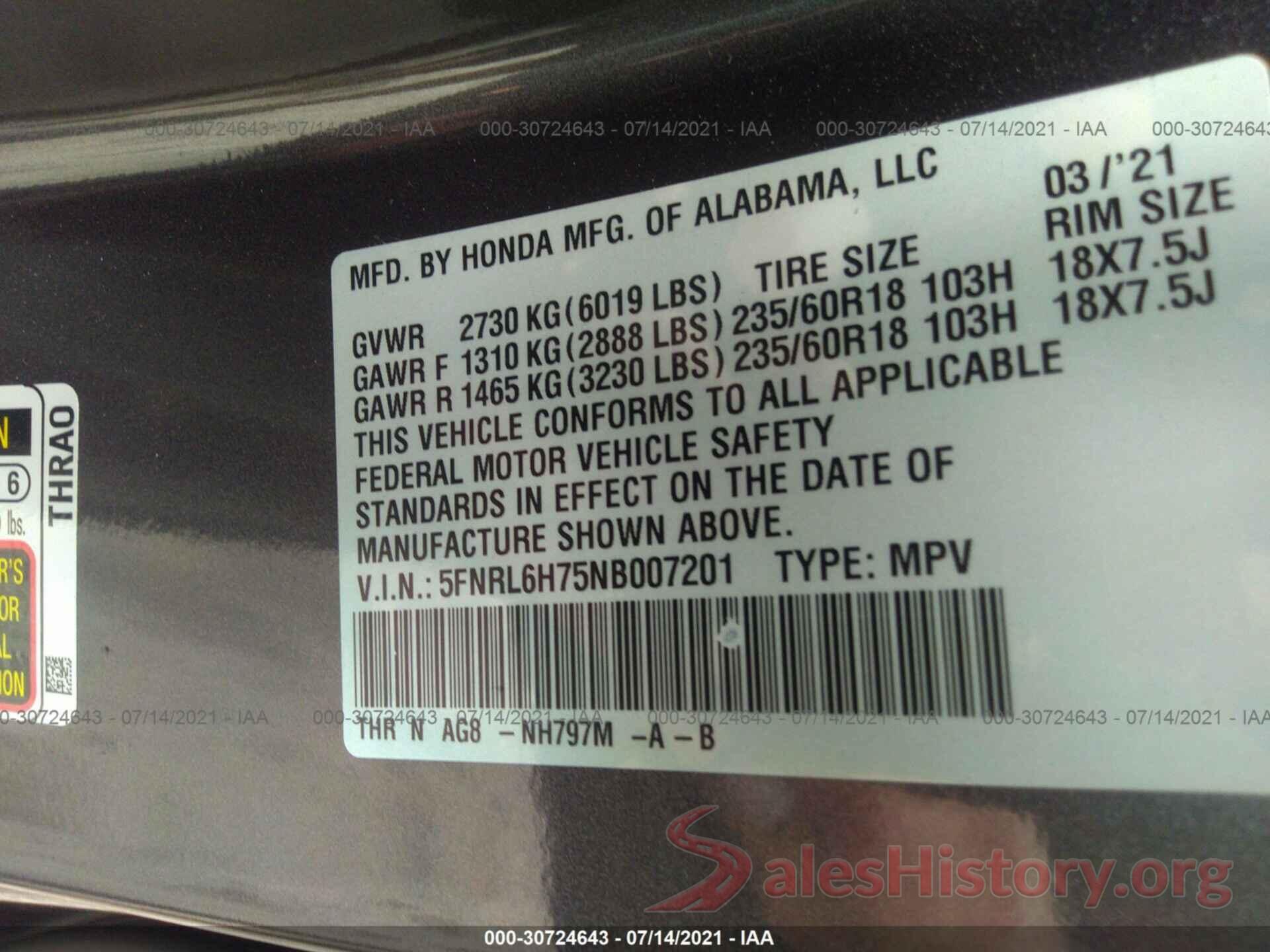 5FNRL6H75NB007201 2022 HONDA ODYSSEY