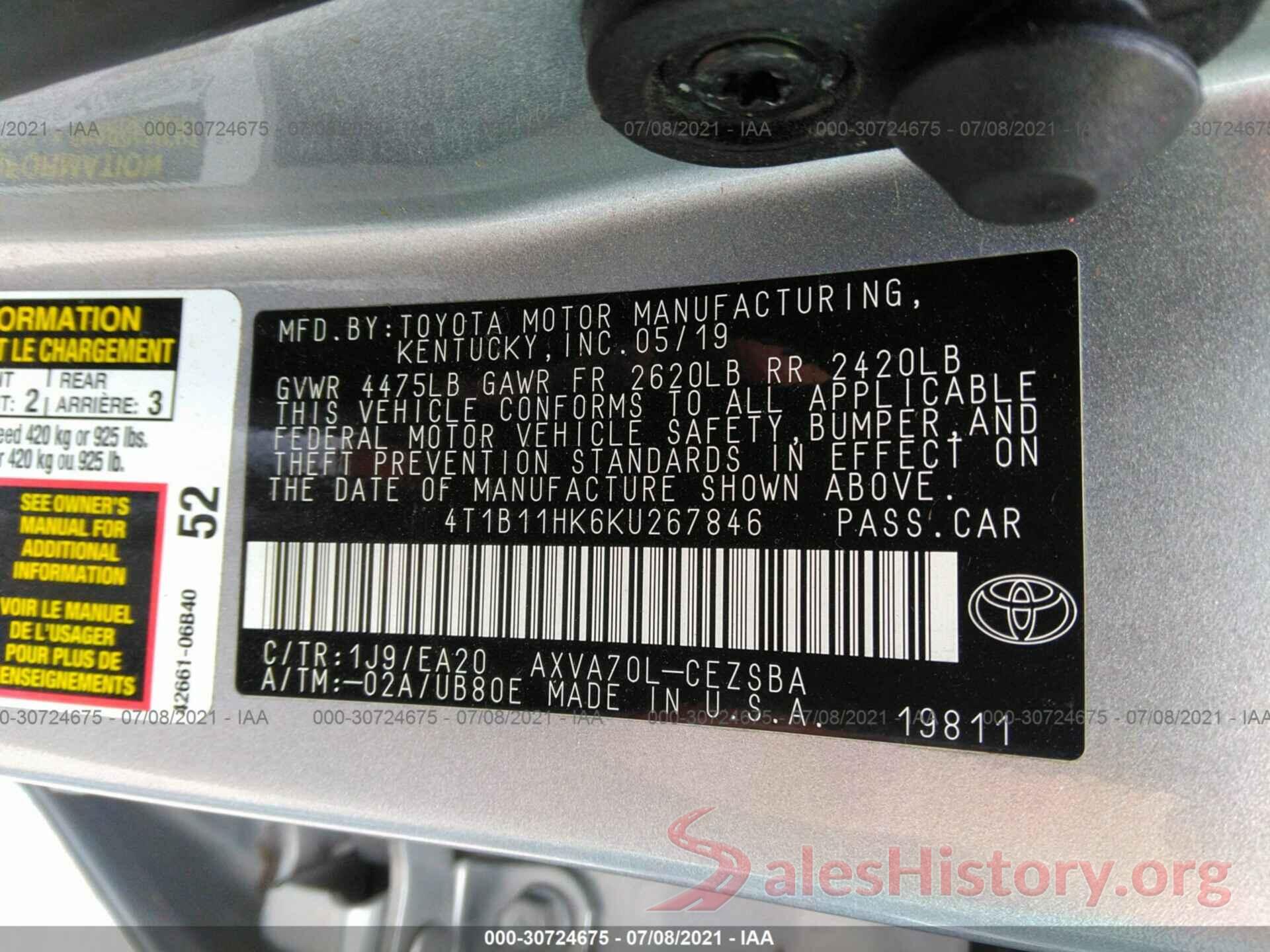 4T1B11HK6KU267846 2019 TOYOTA CAMRY