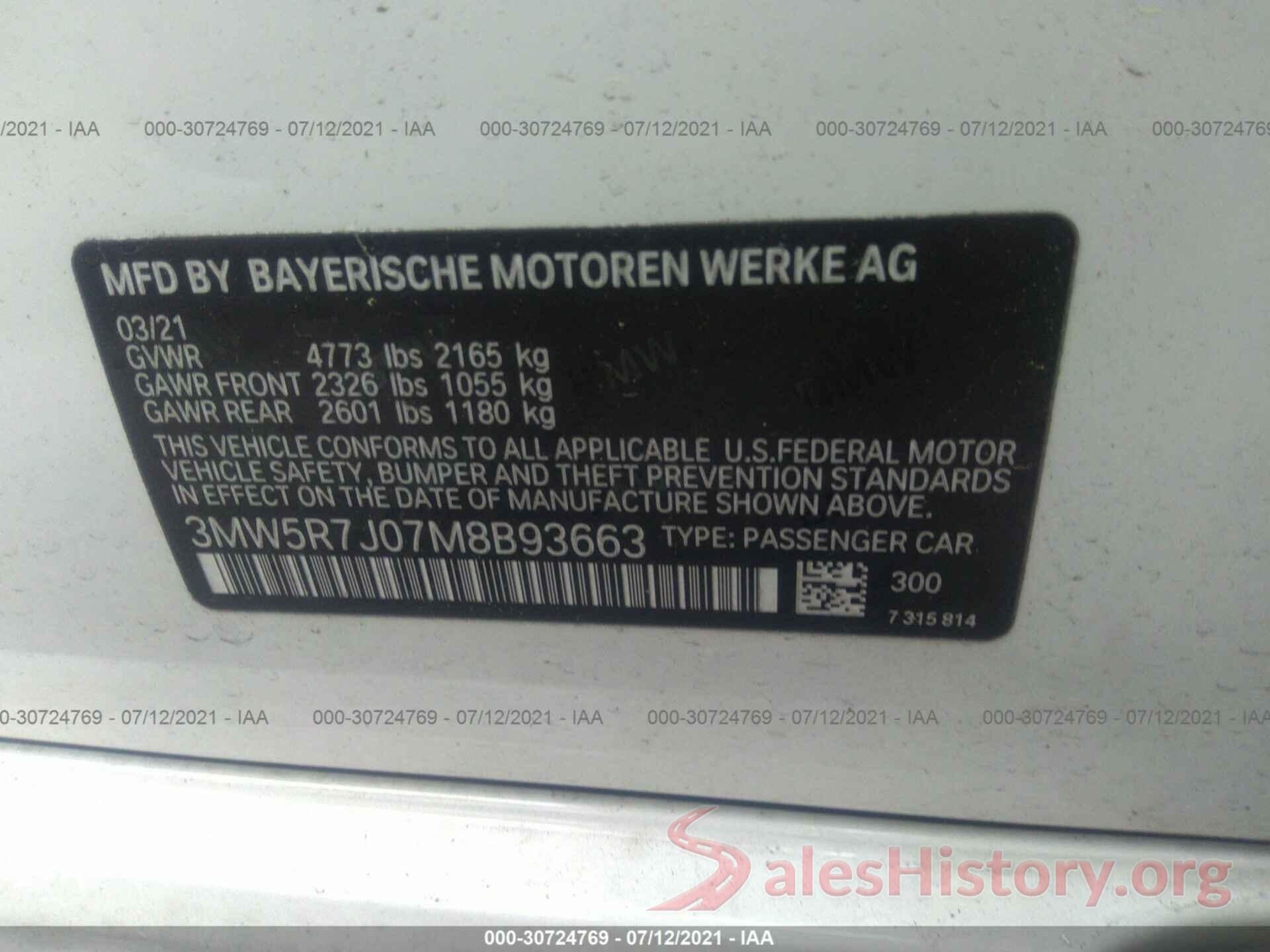 3MW5R7J07M8B93663 2021 BMW 3 SERIES