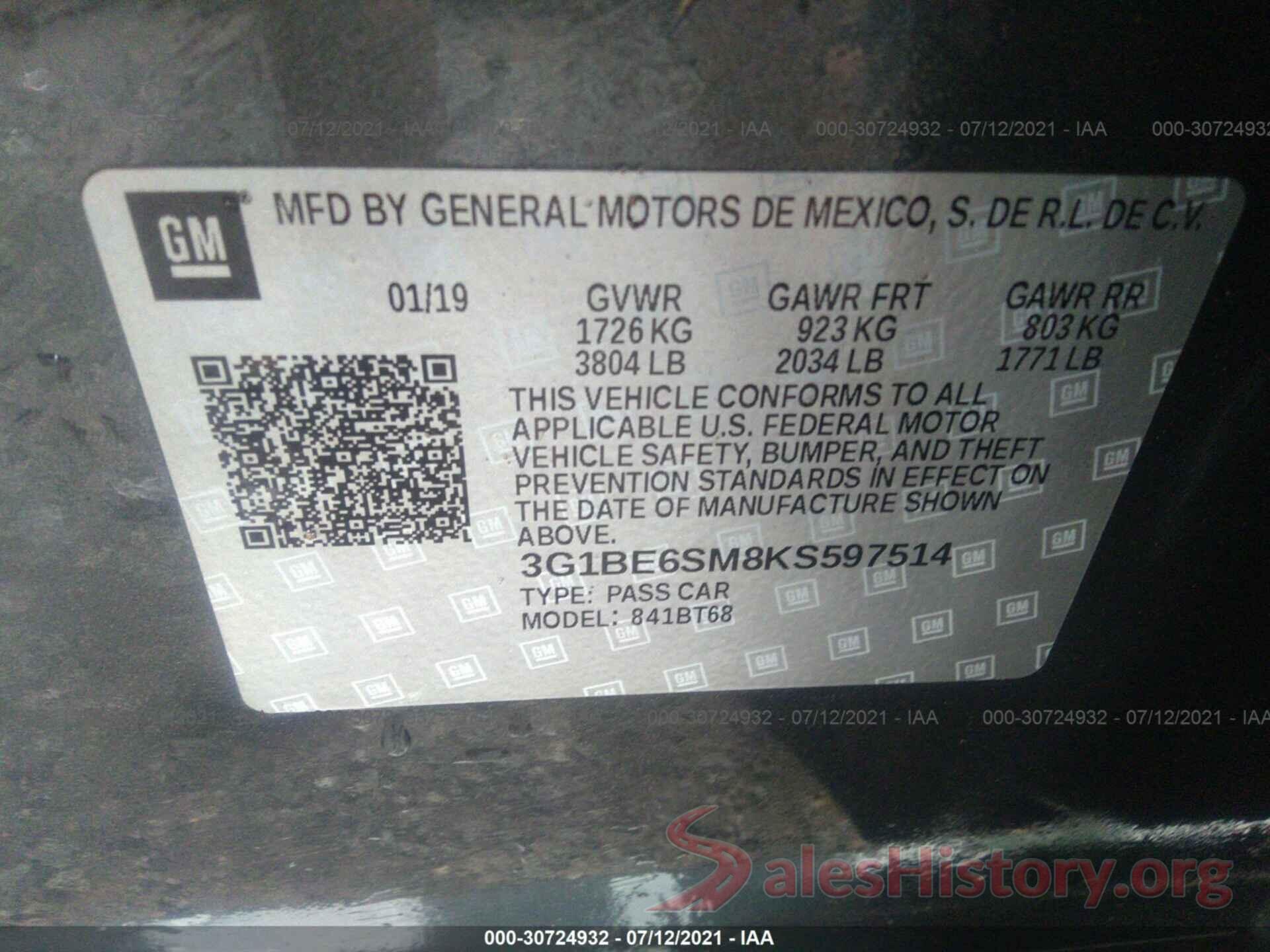 3G1BE6SM8KS597514 2019 CHEVROLET CRUZE