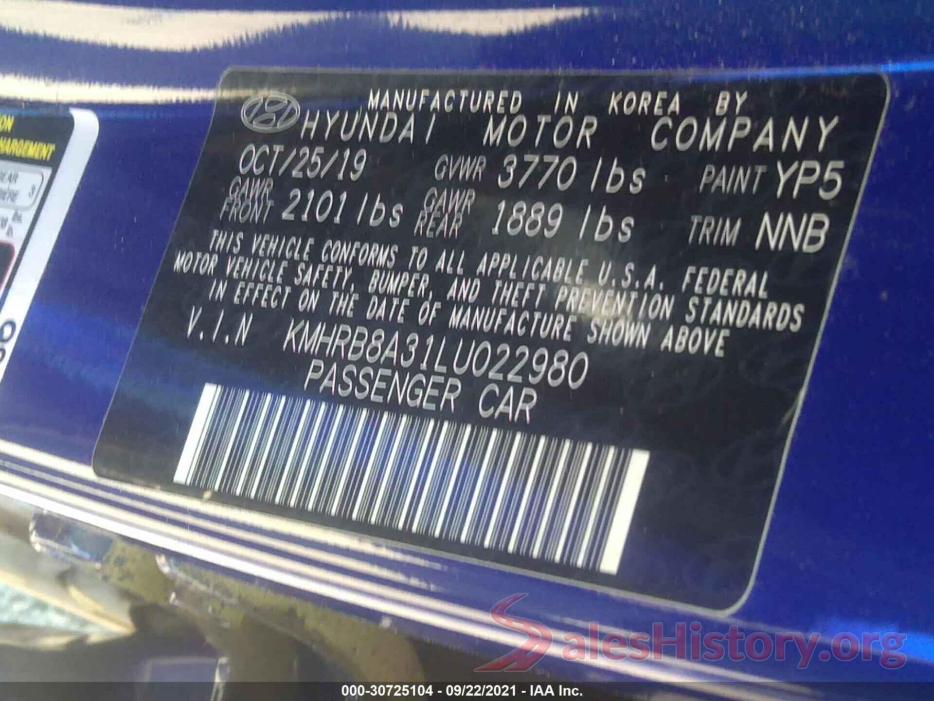 KMHRB8A31LU022980 2020 HYUNDAI VENUE