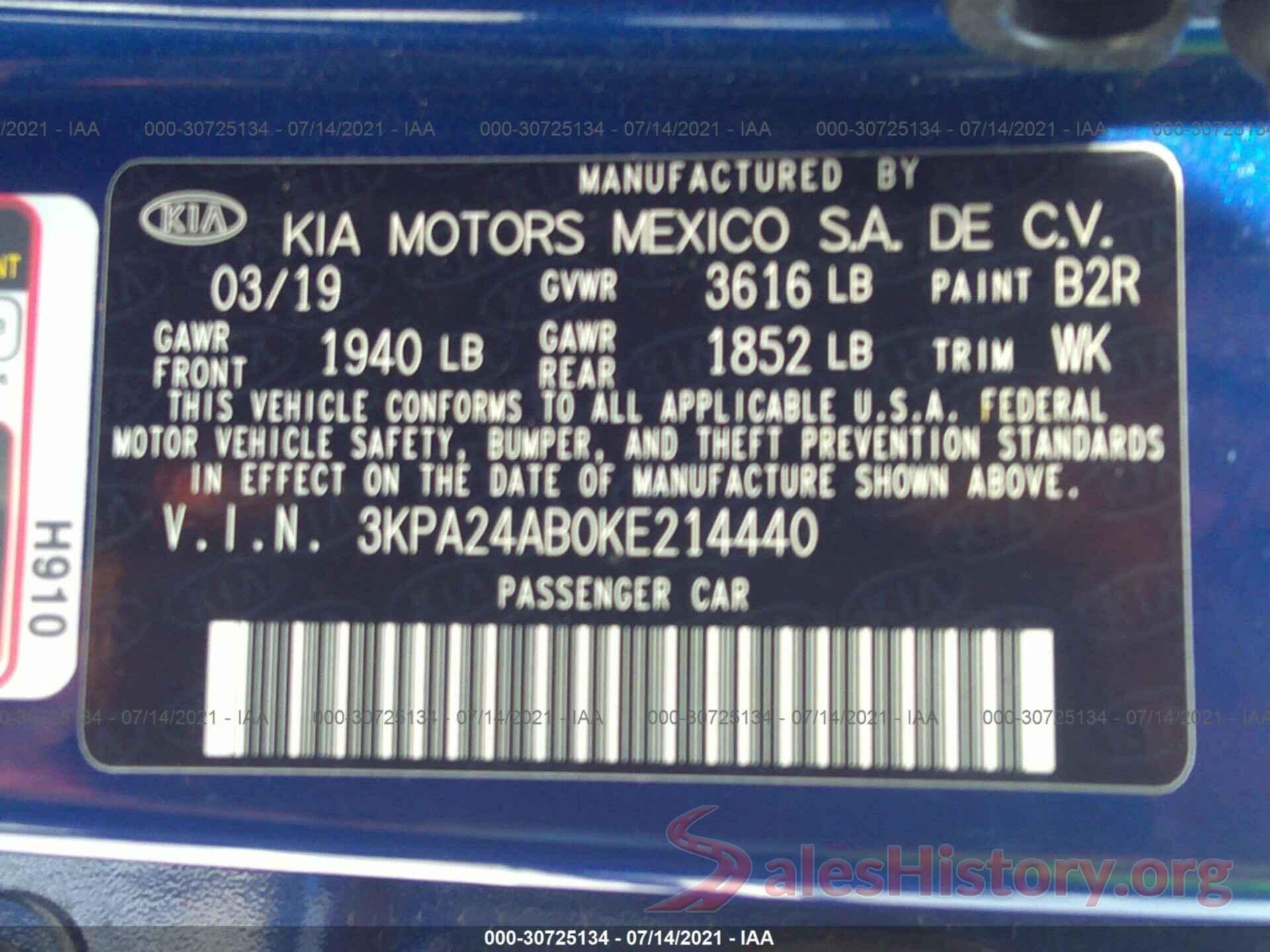 3KPA24AB0KE214440 2019 KIA RIO