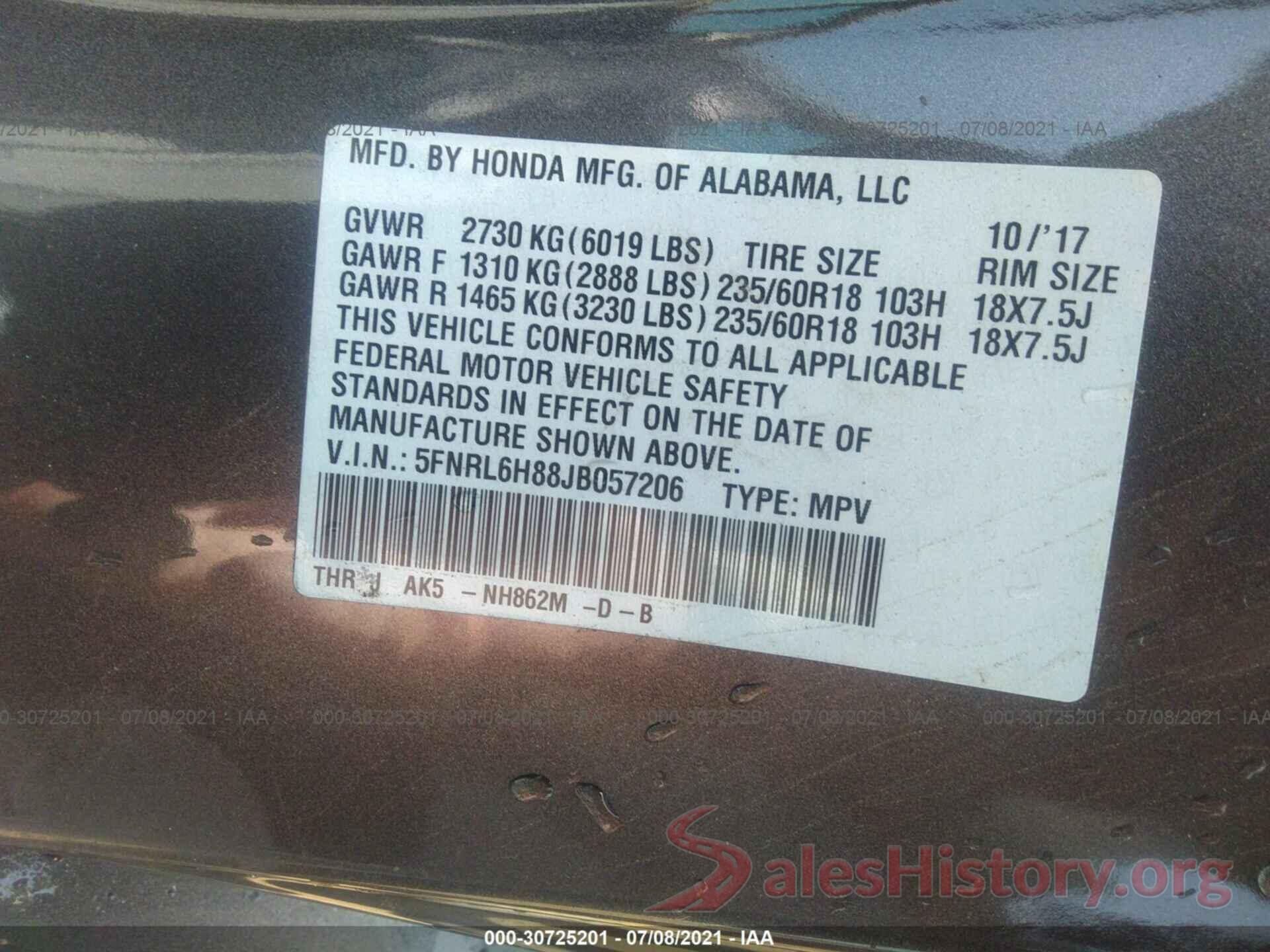 5FNRL6H88JB057206 2018 HONDA ODYSSEY