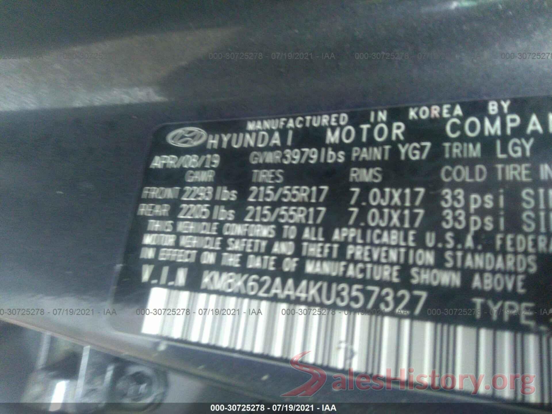 KM8K62AA4KU357327 2019 HYUNDAI KONA