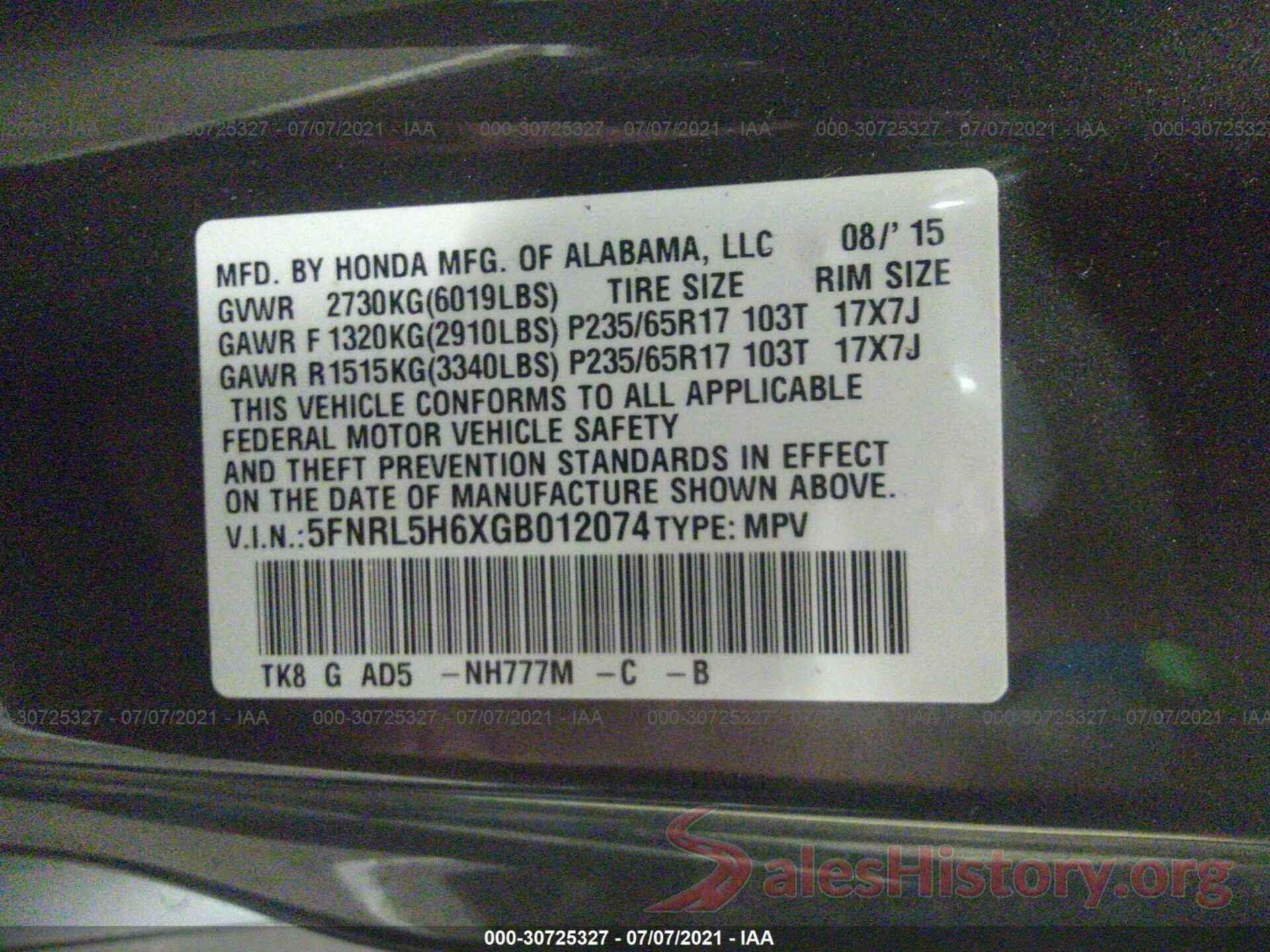 5FNRL5H6XGB012074 2016 HONDA ODYSSEY