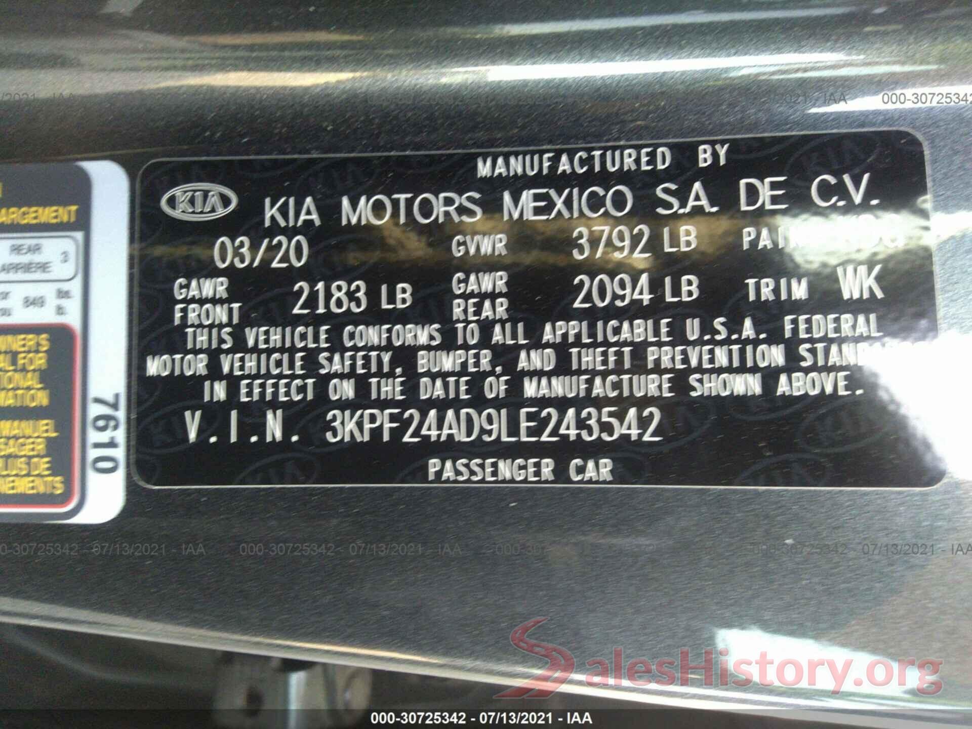 3KPF24AD9LE243542 2020 KIA FORTE