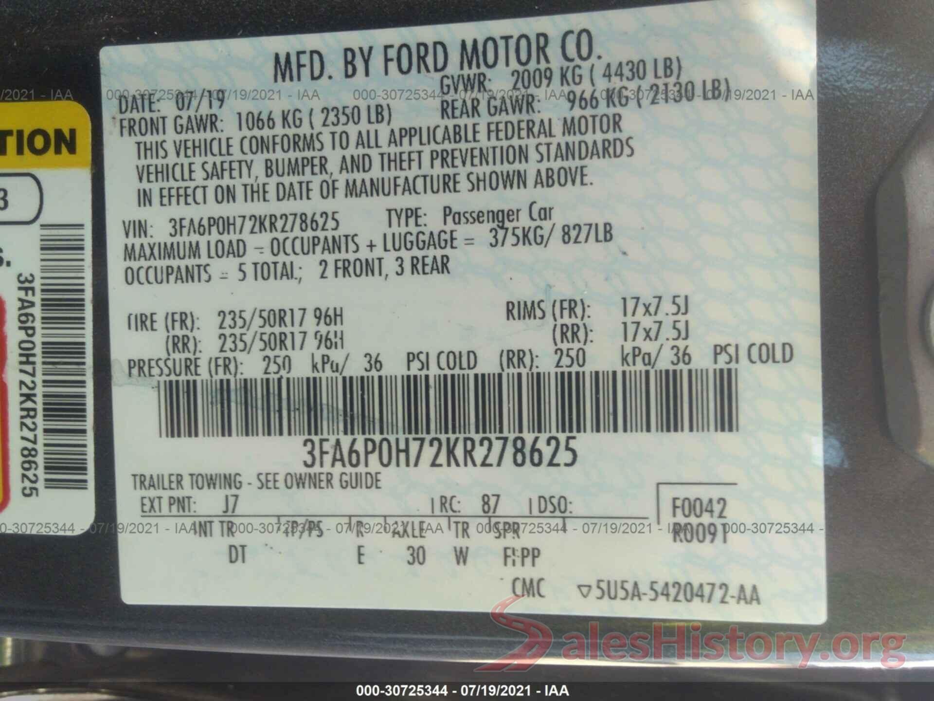 3FA6P0H72KR278625 2019 FORD FUSION