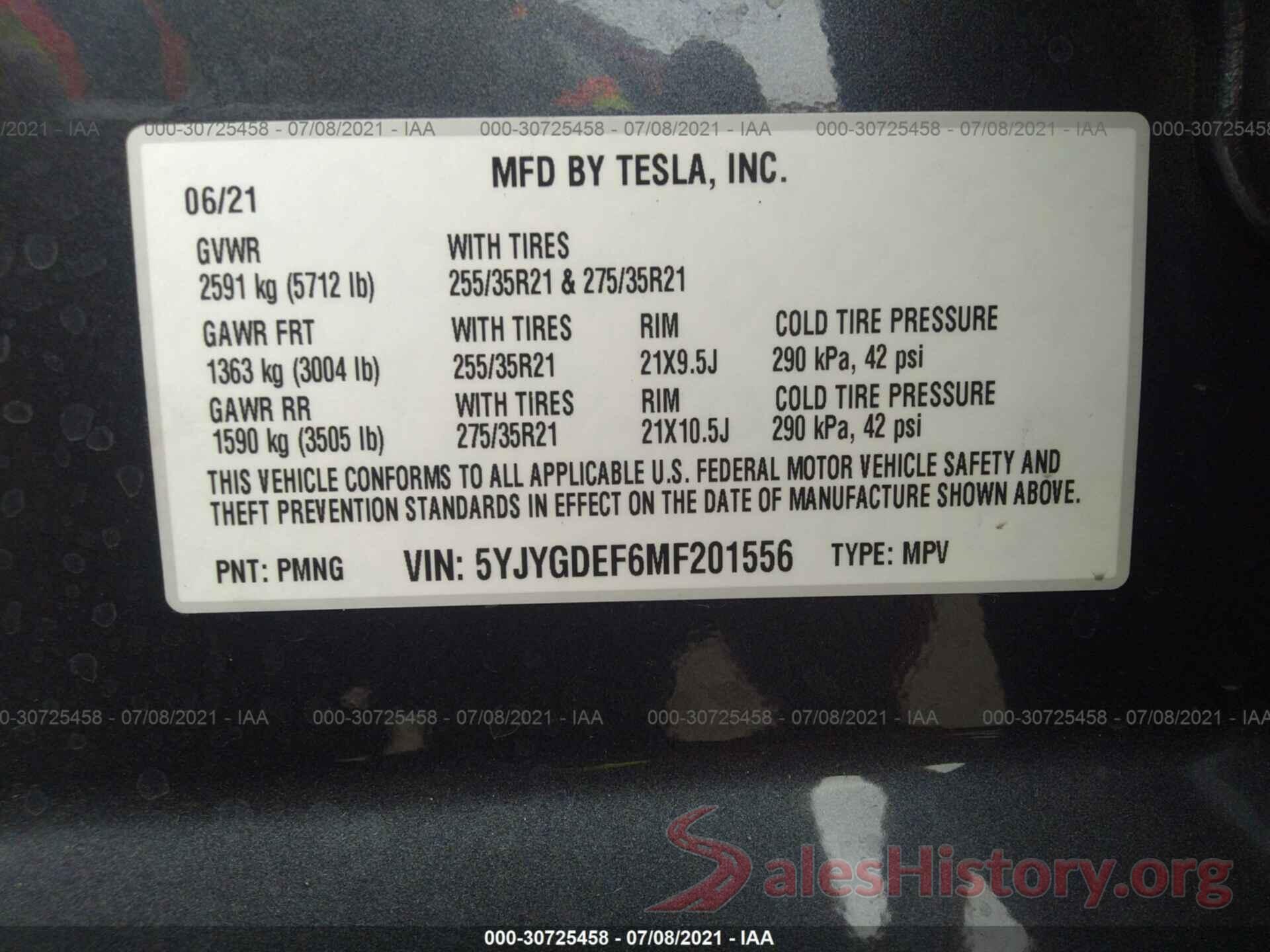 5YJYGDEF6MF201556 2021 TESLA MODEL Y