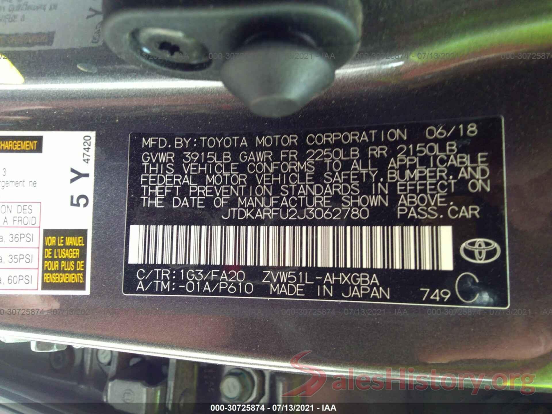 JTDKARFU2J3062780 2018 TOYOTA PRIUS