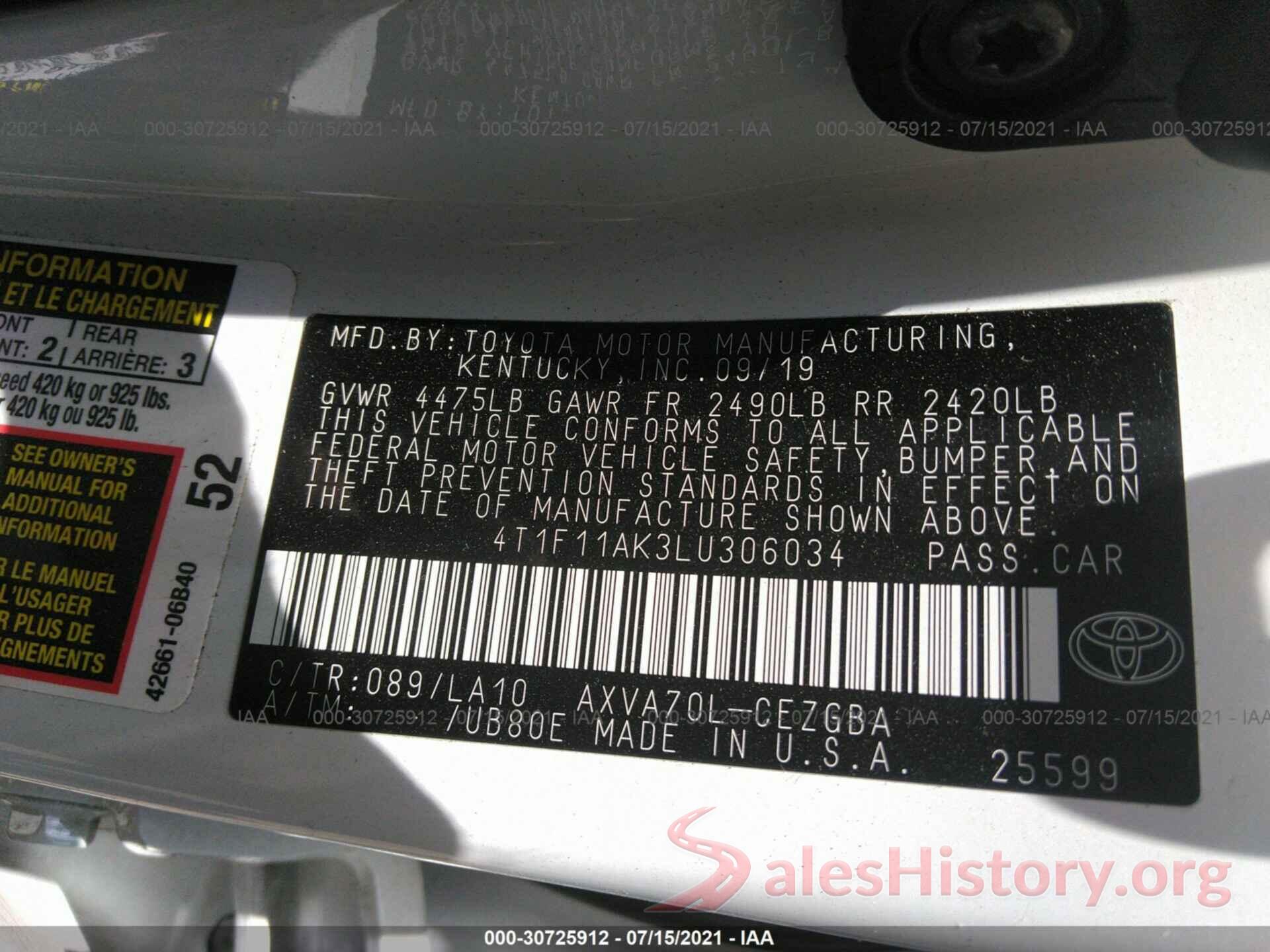 4T1F11AK3LU306034 2020 TOYOTA CAMRY