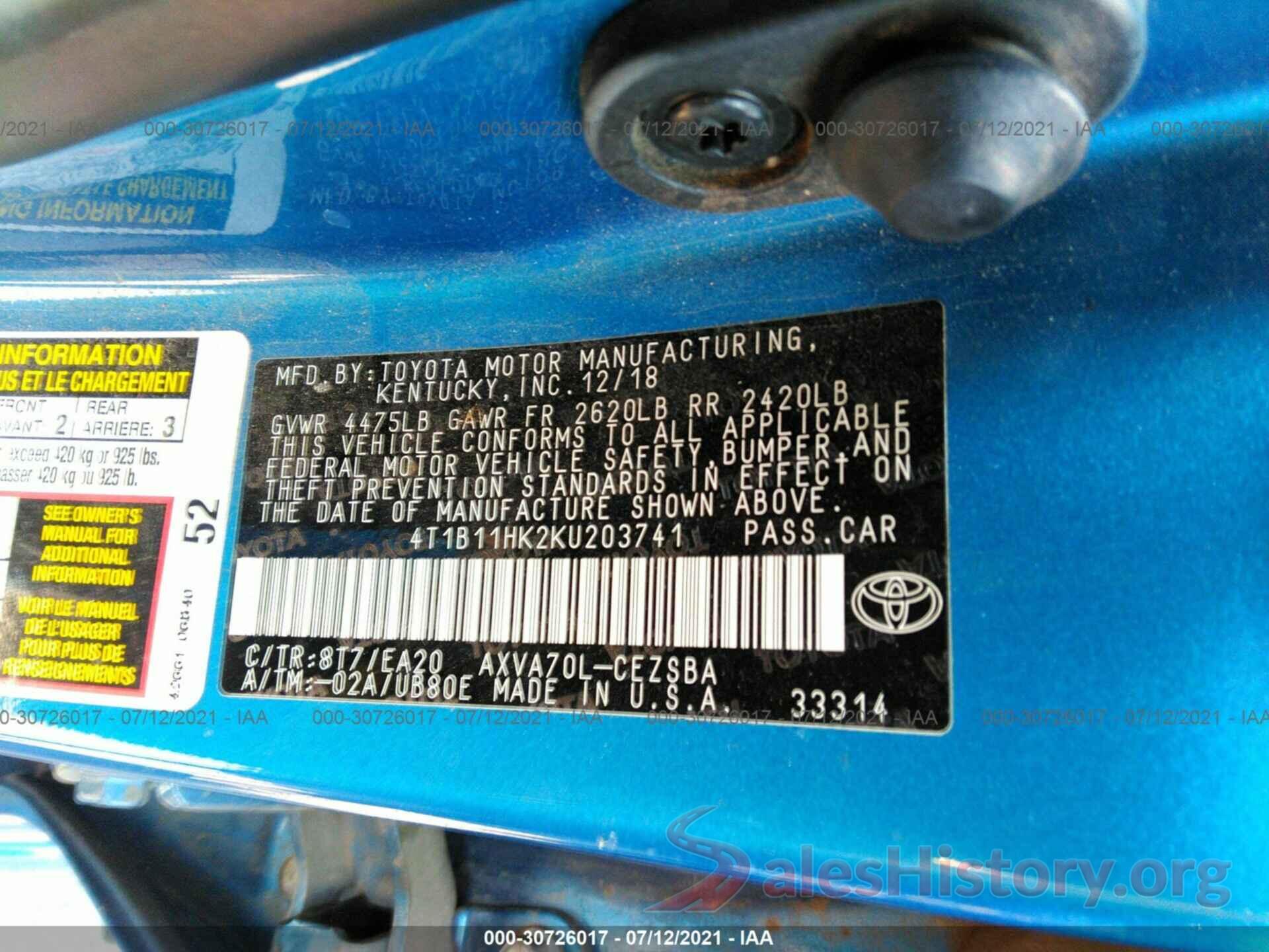 4T1B11HK2KU203741 2019 TOYOTA CAMRY