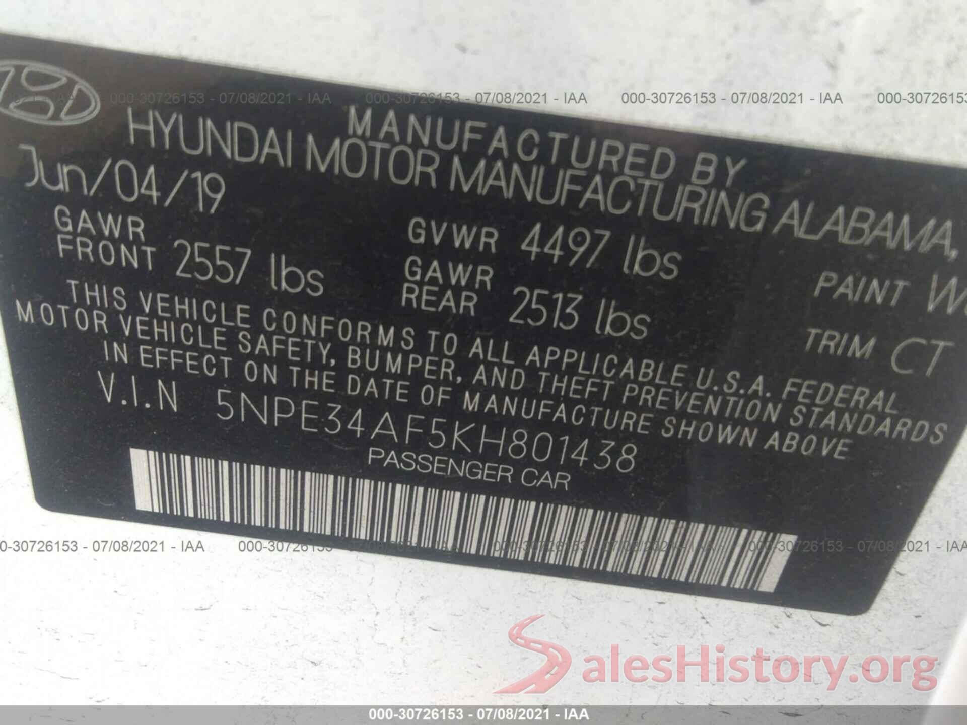 5NPE34AF5KH801438 2019 HYUNDAI SONATA