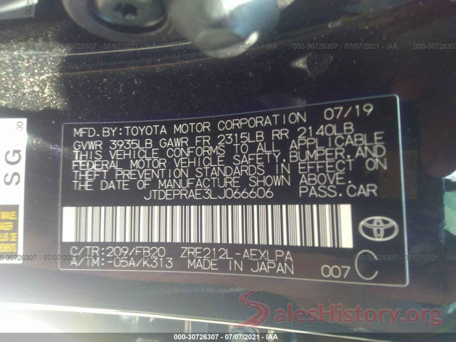 JTDEPRAE3LJ066606 2020 TOYOTA COROLLA