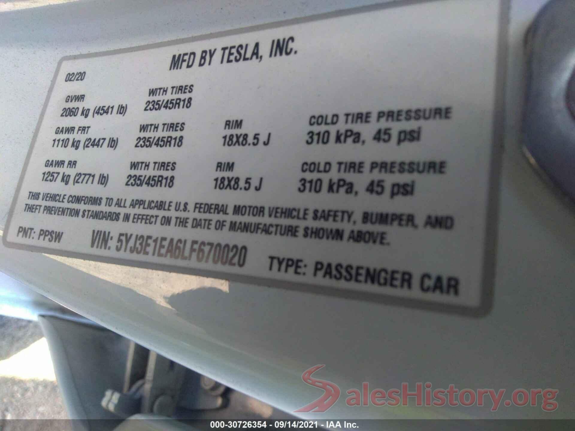 5YJ3E1EA6LF670020 2020 TESLA MODEL 3