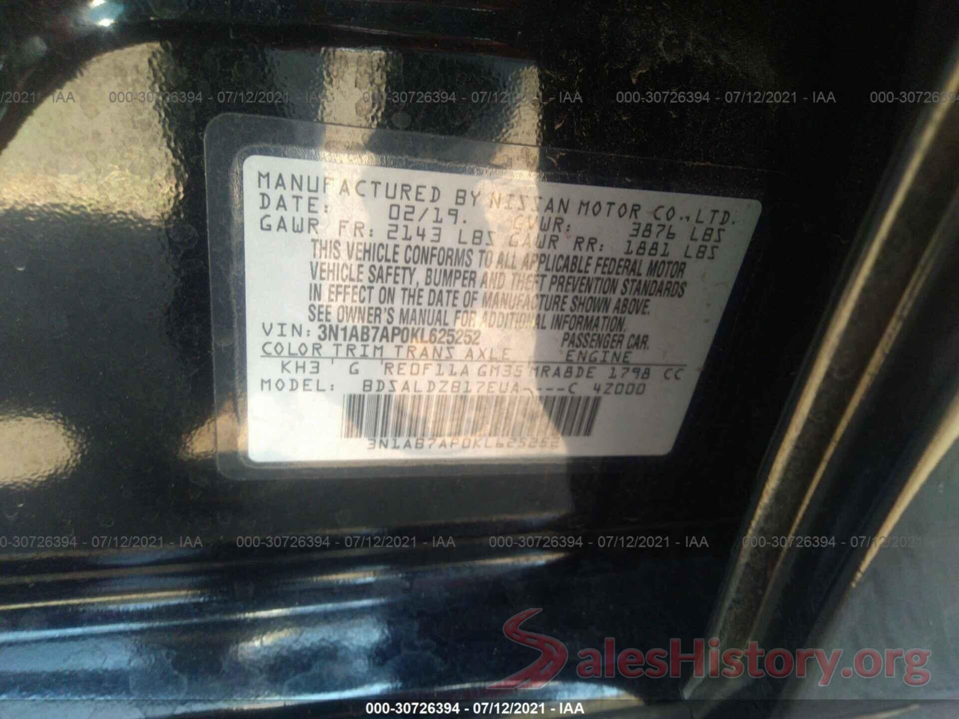 3N1AB7AP0KL625252 2019 NISSAN SENTRA