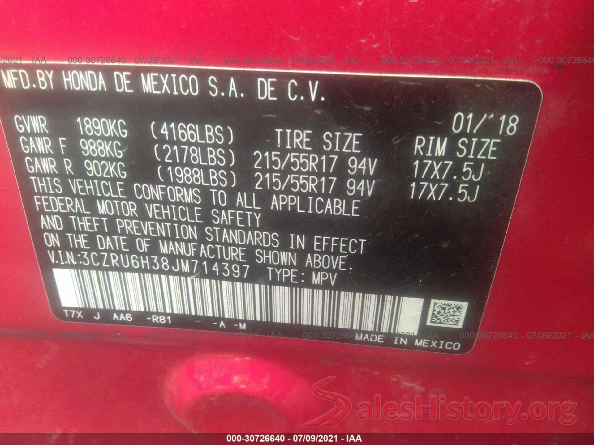 3CZRU6H38JM714397 2018 HONDA HR-V